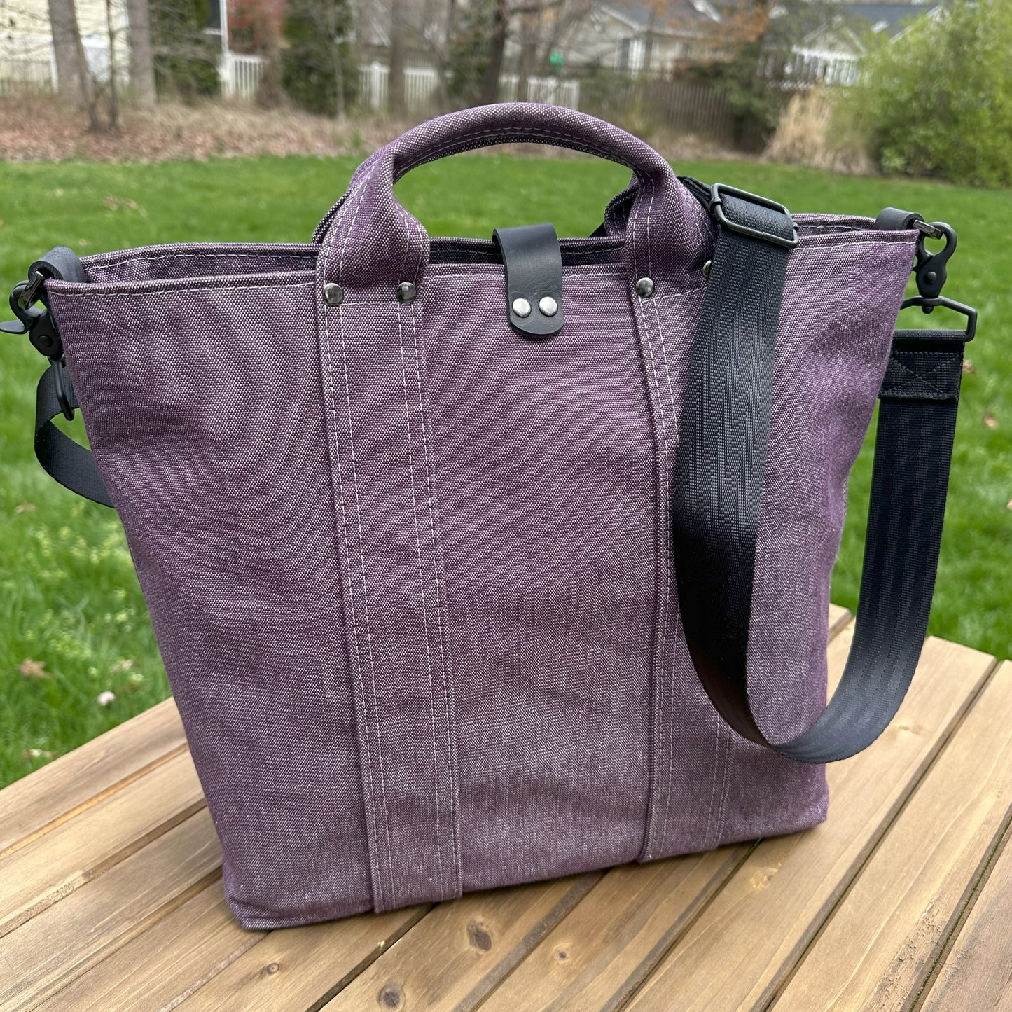 Waterman Tote (Large) Army Duck Plum Canvas with Antique Nickel Hardware and Black Heavy Duty Strap SquiresCanvasCreations.com