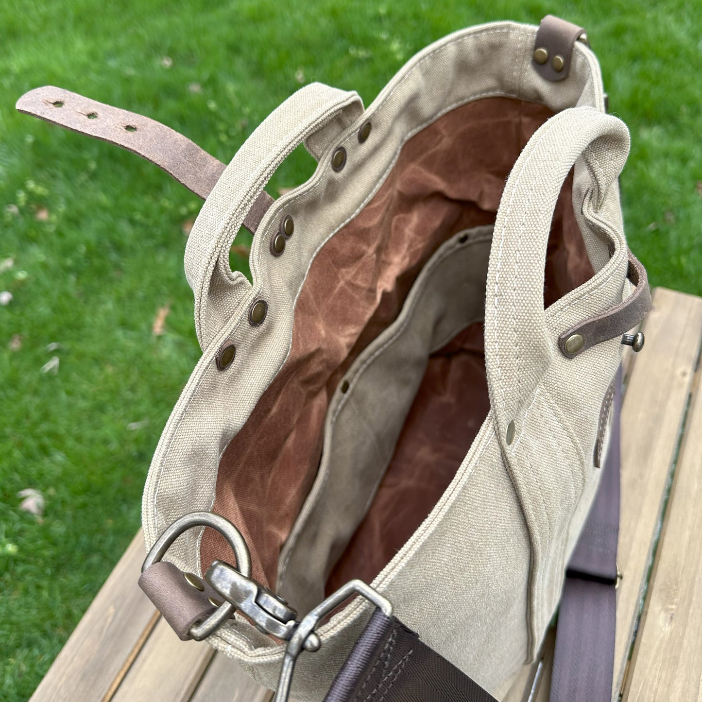 Saddle Stone Washed Canvas and Crazy Horse Tan leather with Antique Brass Hardware Waterman Tote squirescanvascreations.com
