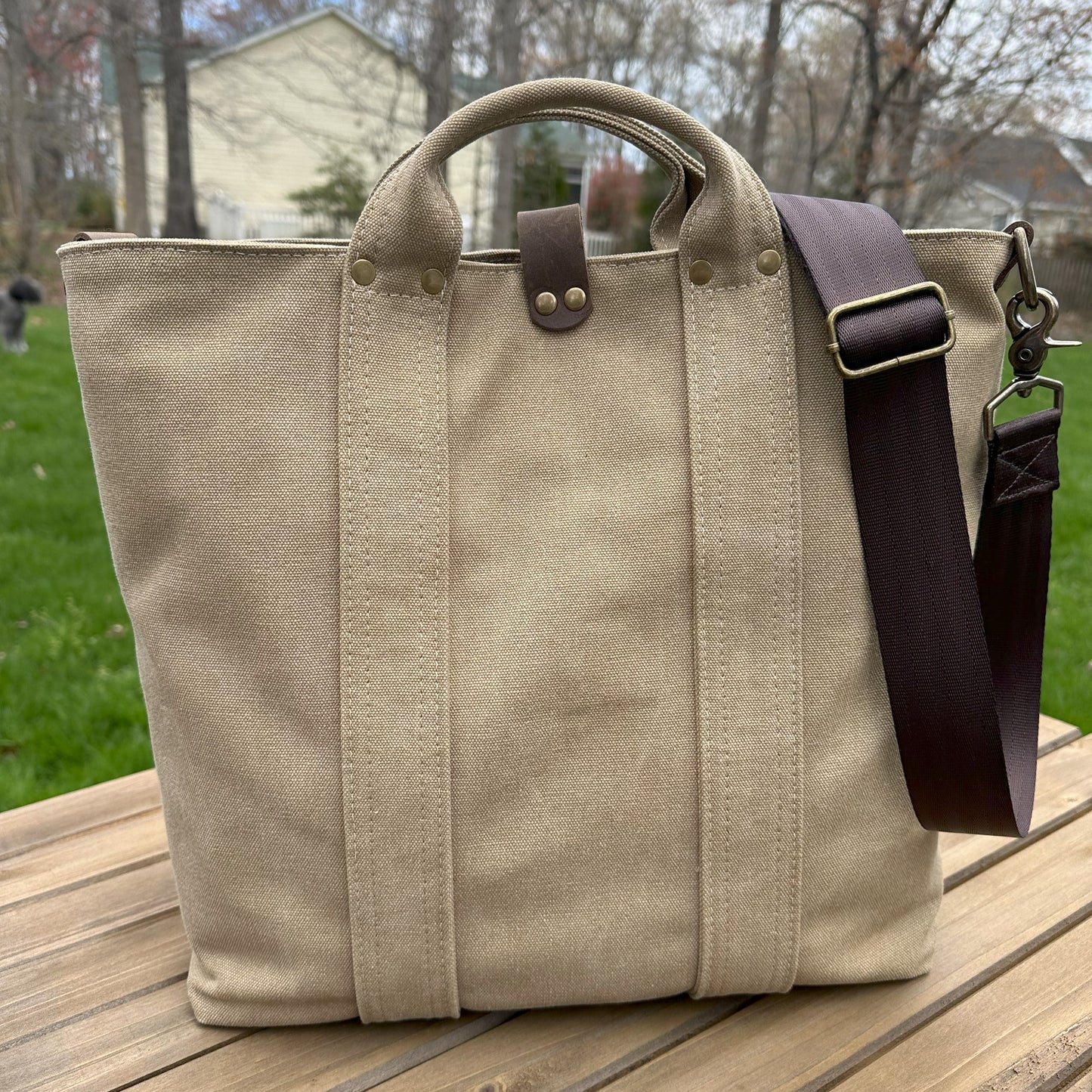 Saddle Stone Washed Canvas and Crazy Horse Tan leather with Antique Brass Hardware Waterman Tote squirescanvascreations.com