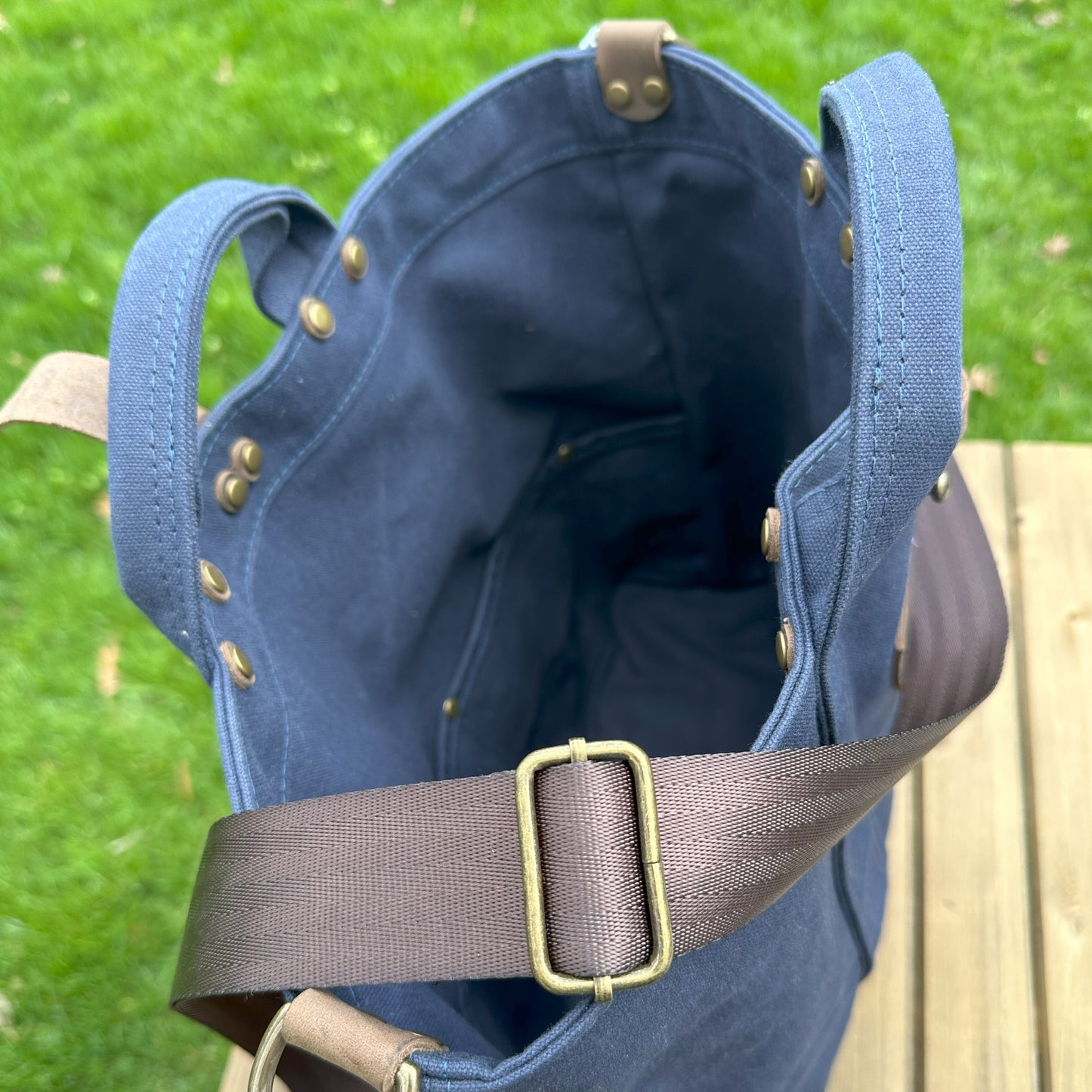 Navy Blue Stone Heavy Duty Canvas with Crazy Horse Tan Leather and Antique Brass Hardware Waterman Tote squirescanvascreations.com