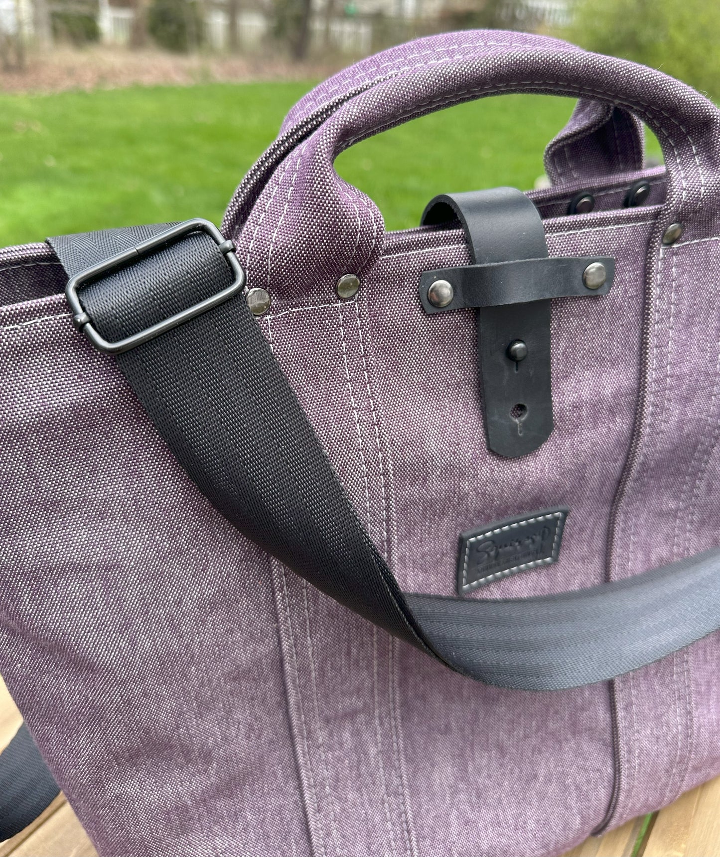 Army Duck Plum Canvas with Gunmetal Hardware and Black Heavy Duty Strap Waterman Tote squirescanvascreations.com