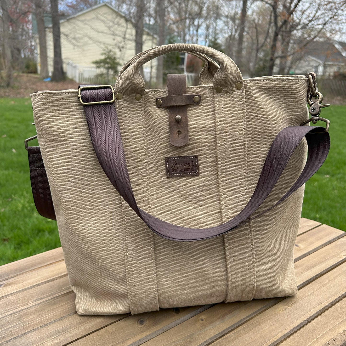 Saddle Stone Washed Canvas and Crazy Horse Tan leather with Antique Brass Hardware Waterman Tote squirescanvascreations.com