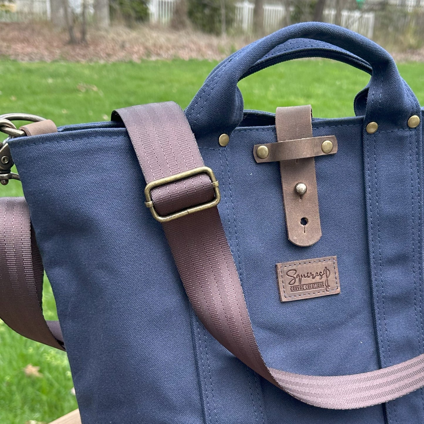 Navy Blue Stone Heavy Duty Canvas with Crazy Horse Tan Leather and Antique Brass Hardware Waterman Tote squirescanvascreations.com