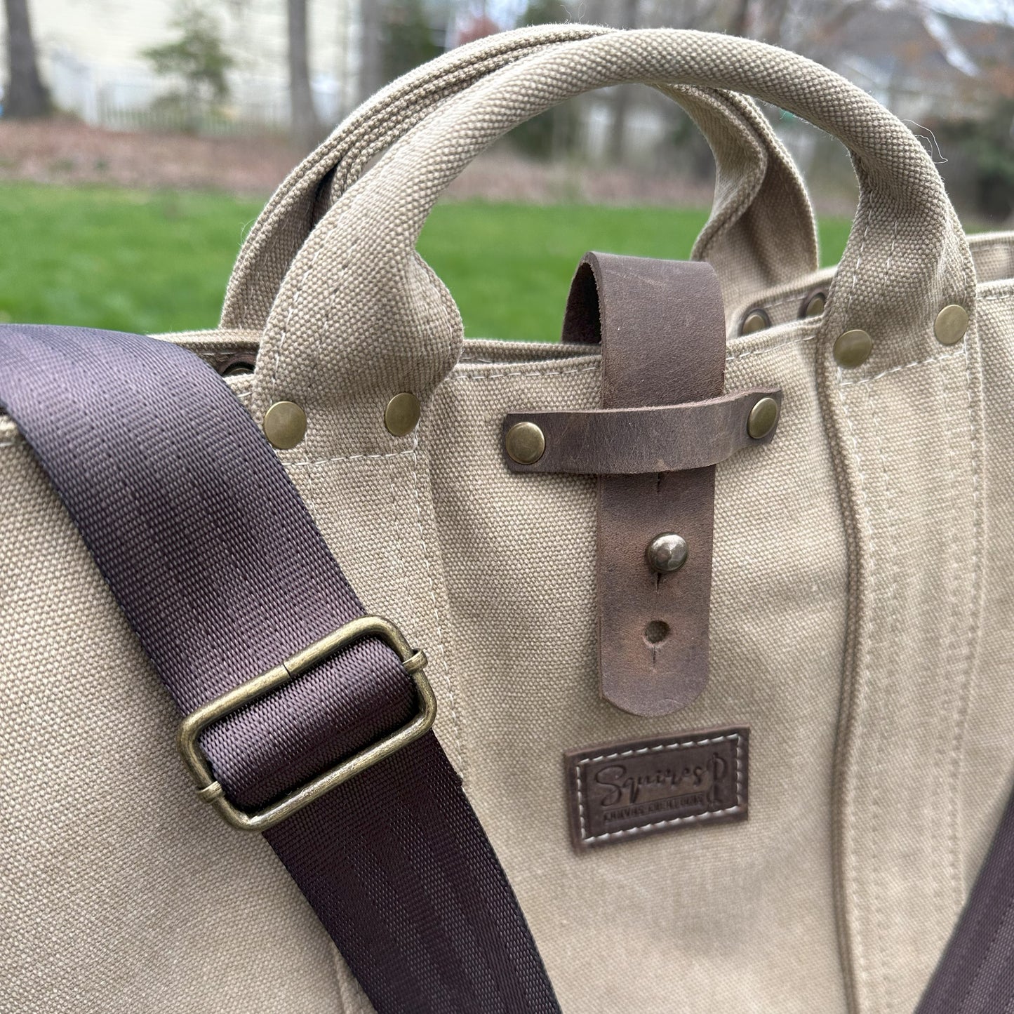 Waterman Tote (Large) Saddle Stone Washed Canvas with Antique Brass Hardware and Brown Heavy Duty Strap SquiresCanvasCreations.com