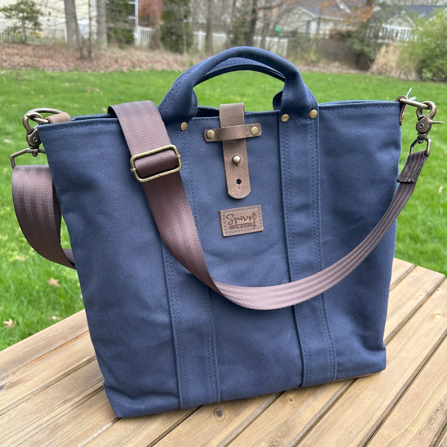 Navy Blue Stone Heavy Duty Canvas with Crazy Horse Tan Leather and Antique Brass Hardware Waterman Tote squirescanvascreations.com