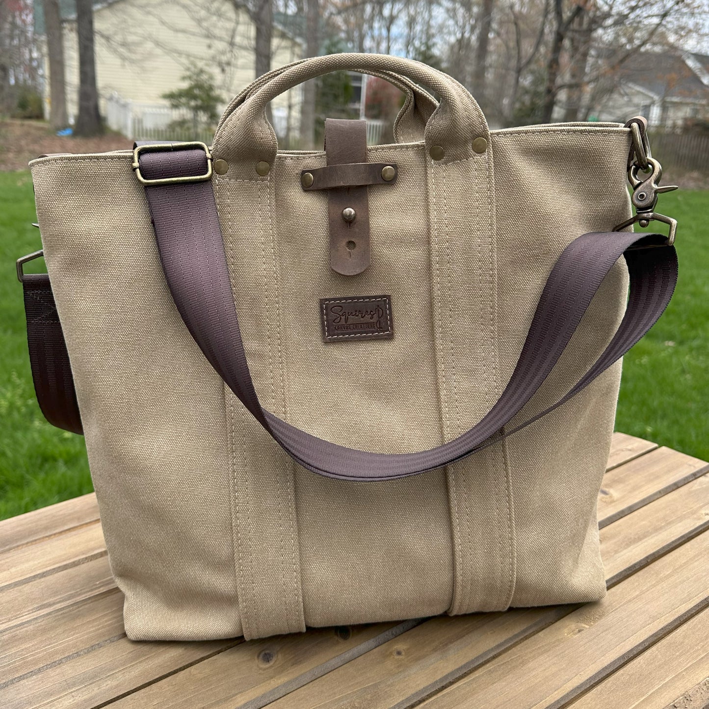 Saddle Stone Washed Canvas and Crazy Horse Tan leather with Antique Brass Hardware Waterman Tote squirescanvascreations.com