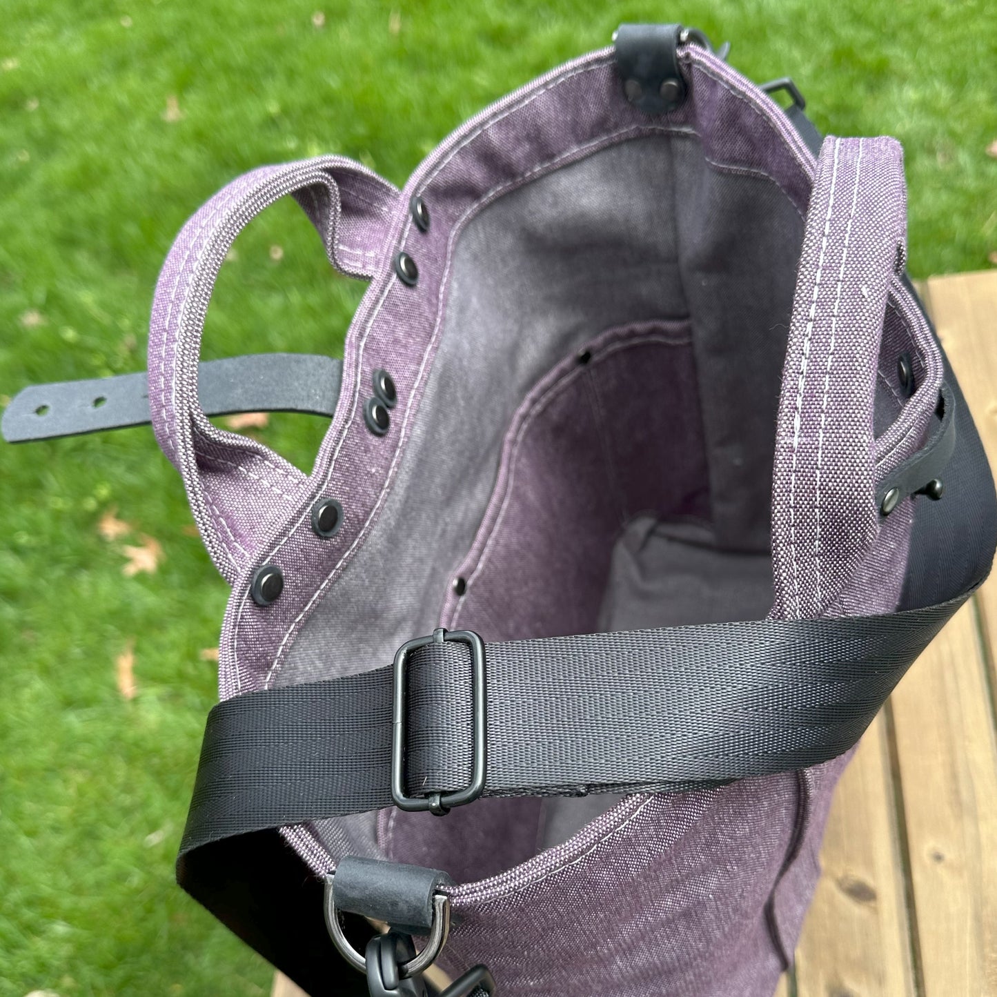 Waterman Tote (Large) Army Duck Plum Canvas with Antique Nickel Hardware and Black Heavy Duty Strap SquiresCanvasCreations.com