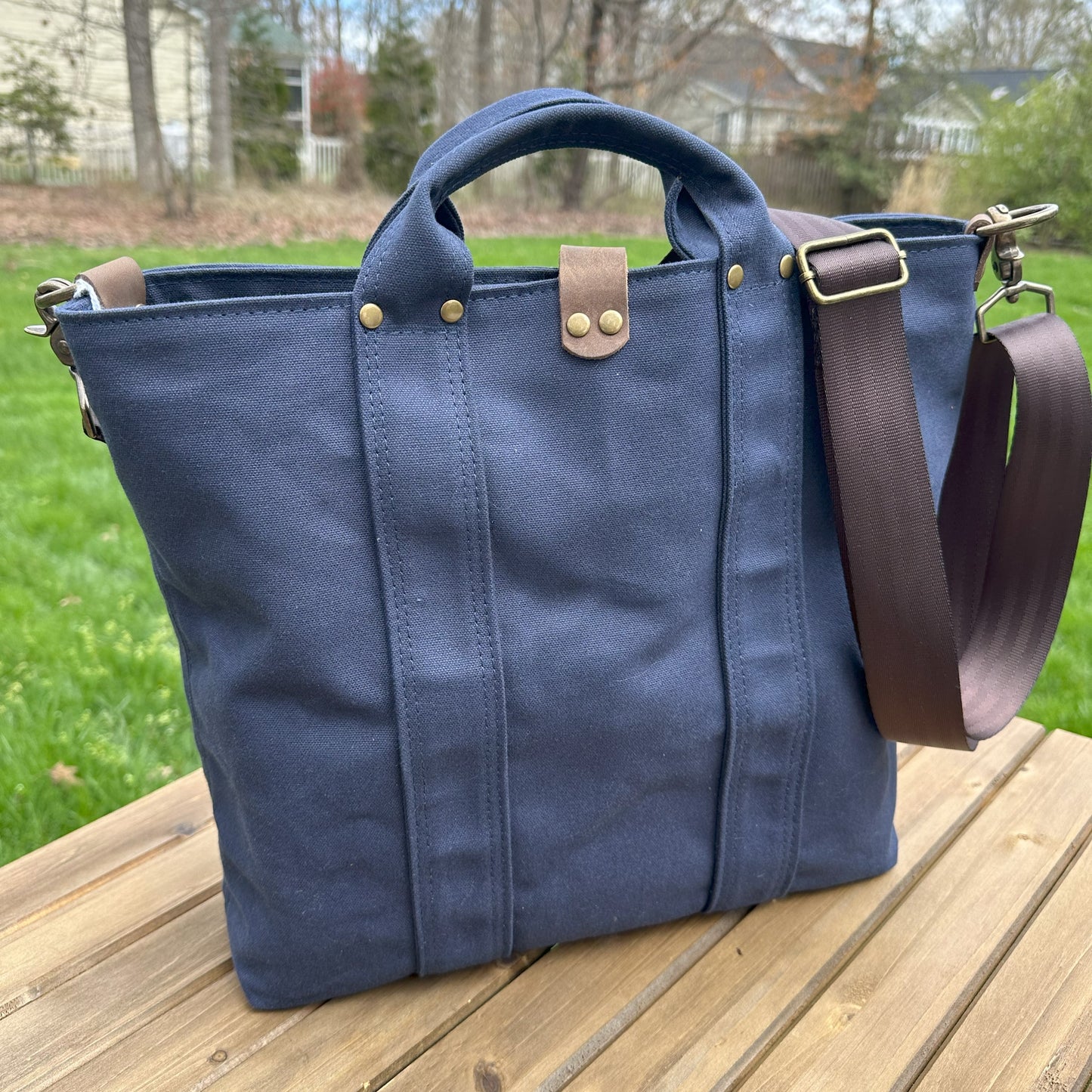 Navy Blue Stone Heavy Duty Canvas with Crazy Horse Tan Leather and Antique Brass Hardware Waterman Tote squirescanvascreations.com