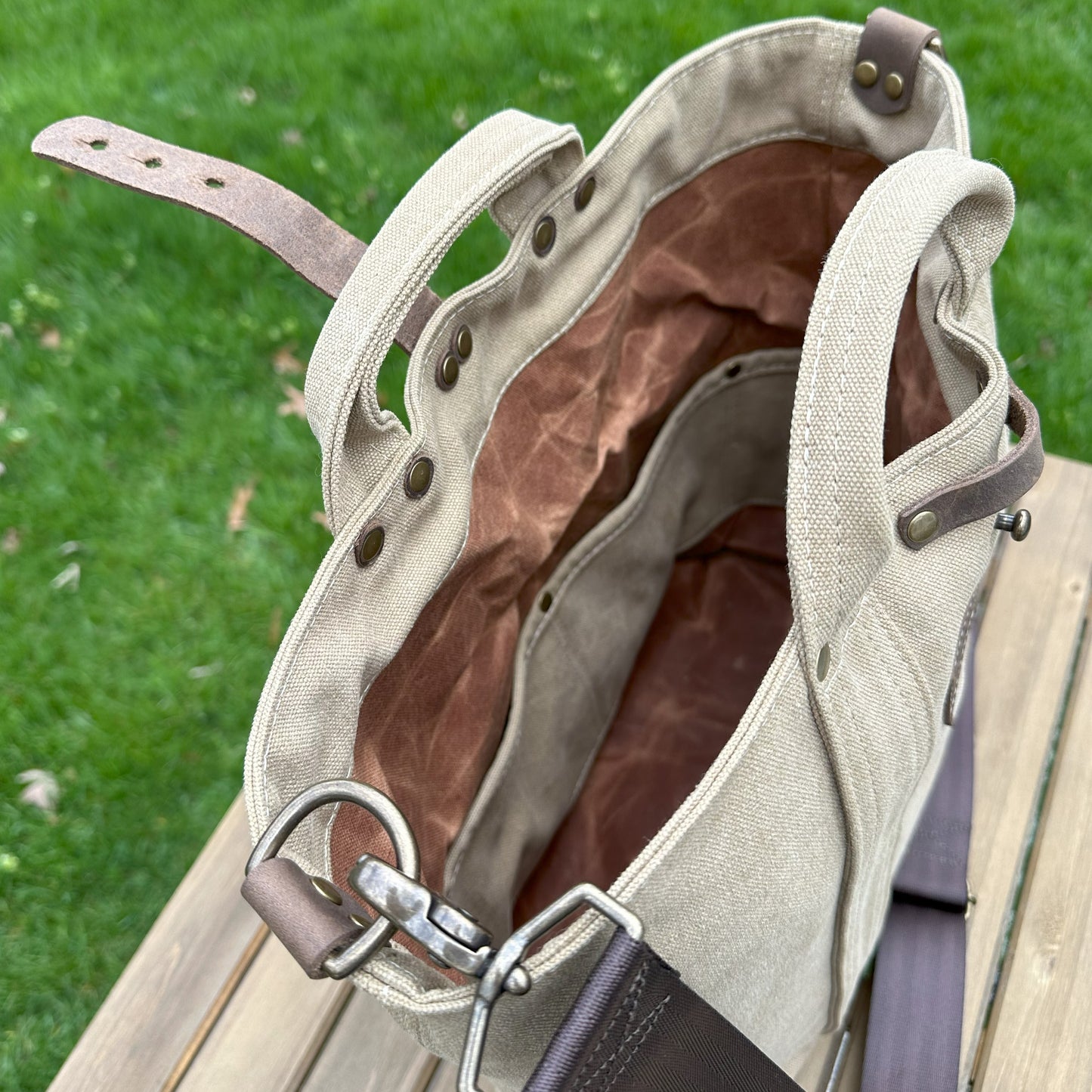 Saddle Stone Washed Canvas and Crazy Horse Tan leather with Antique Brass Hardware Waterman Tote squirescanvascreations.com