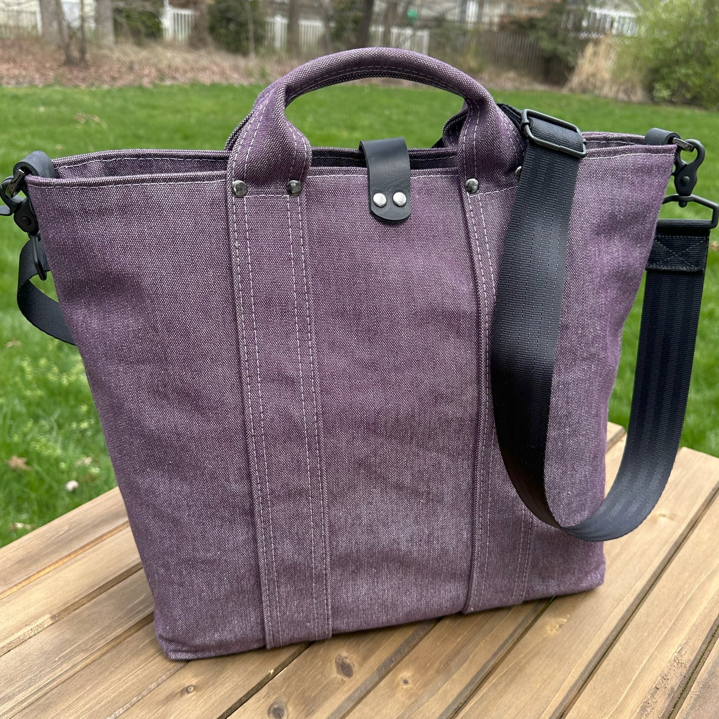 Army Duck Plum Canvas with Gunmetal Hardware and Black Heavy Duty Strap Waterman Tote squirescanvascreations.com
