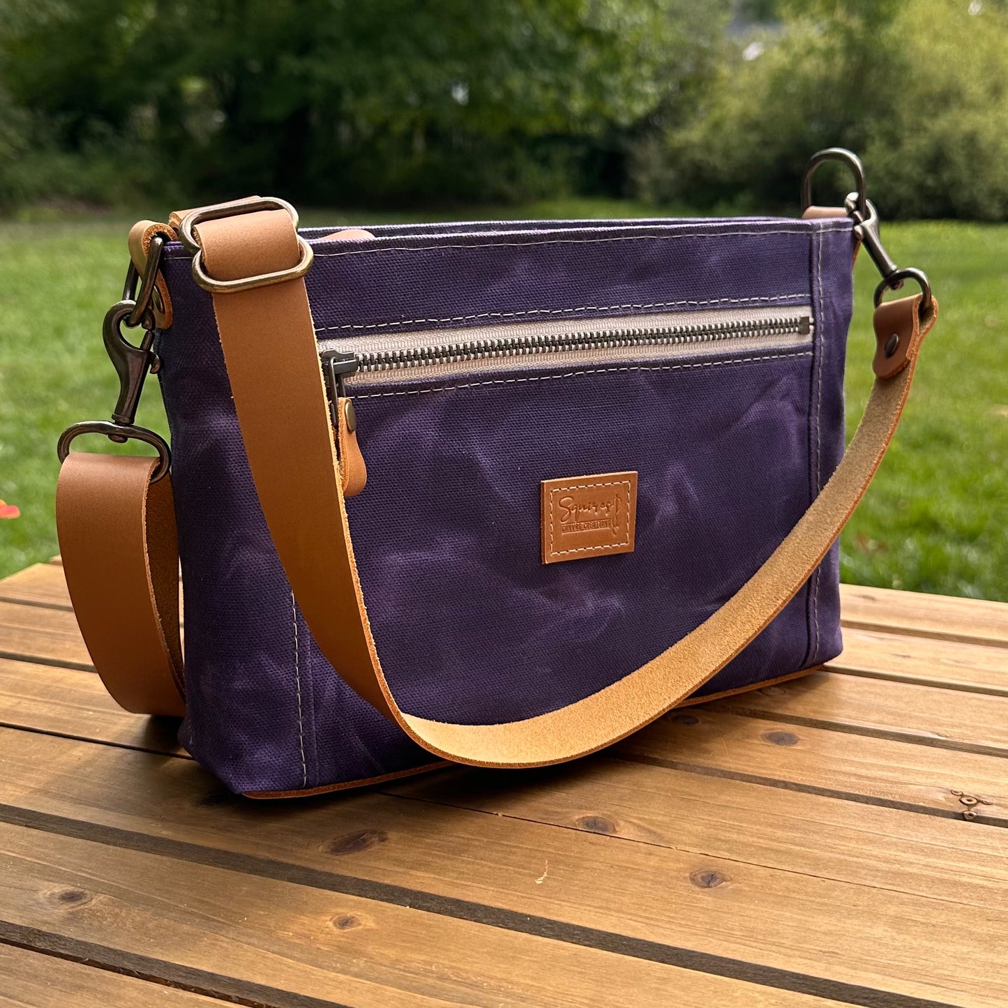 Parish Creek Crossbody Amethyst Waxed Canvas and Mesquite Brown Oil Tan Leather with Antique Brass Hardware SquiresCanvasCreations.com