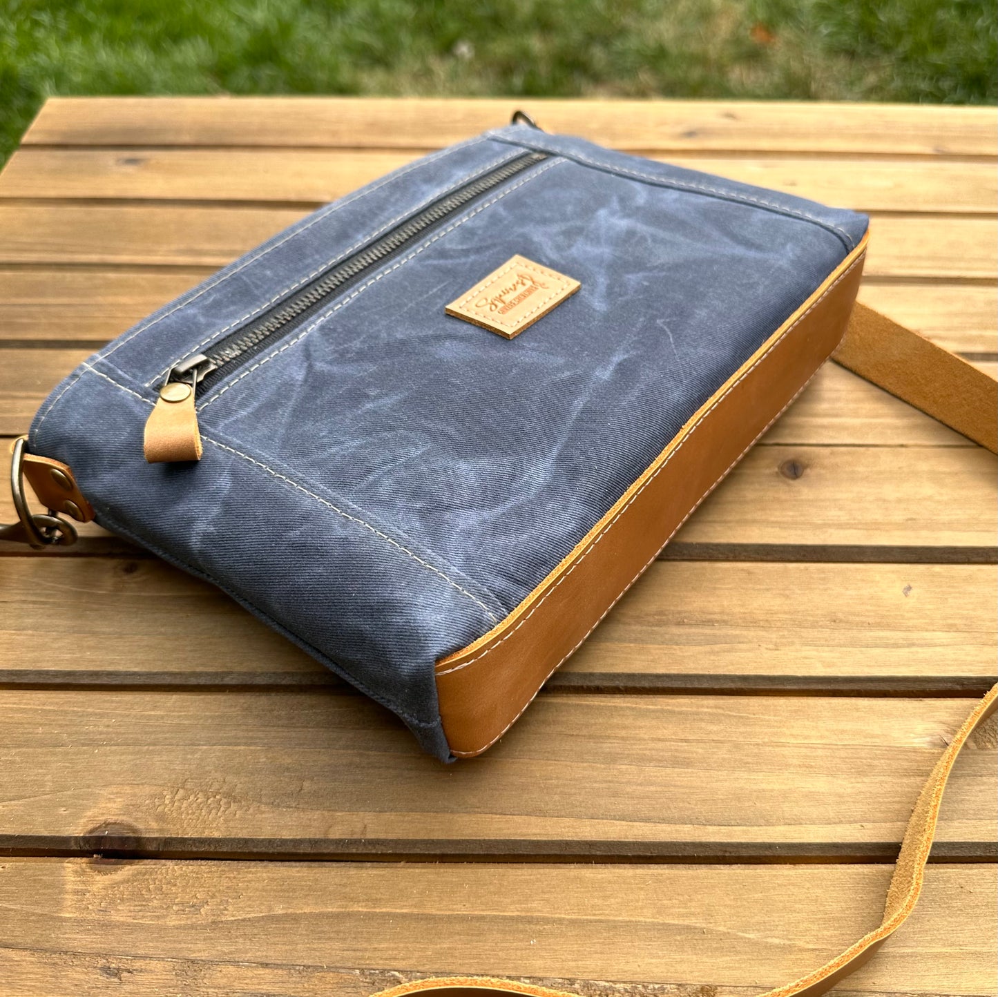 Parish Creek Crossbody Denim Waxed Canvas and Mesquite Brown Oil Tan Leather with Antique Brass Hardware SquiresCanvasCreations.com