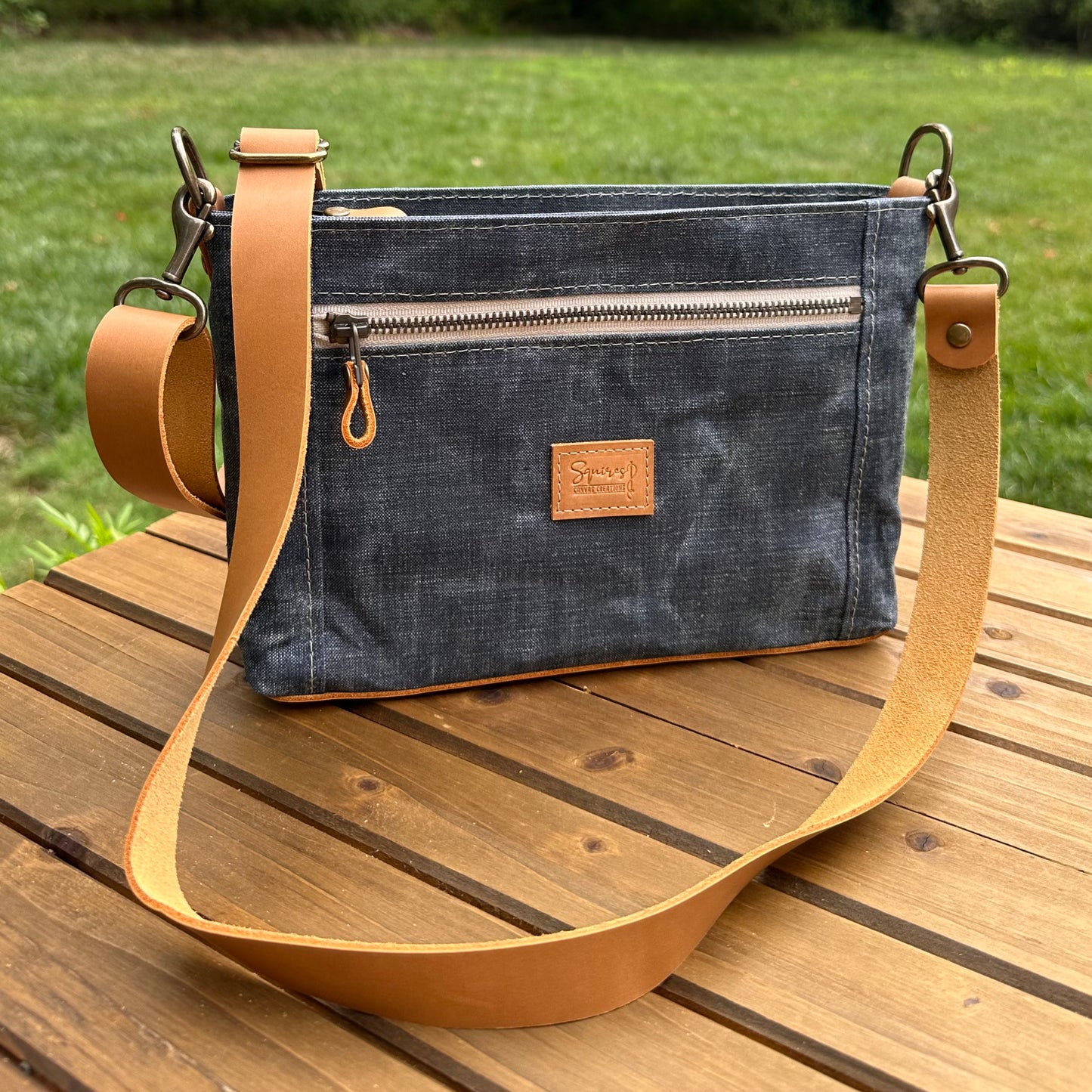 Parish Creek Crossbody Denim Waxed Canvas and Mesquite Brown Oil Tan Leather with Antique Brass Hardware SquiresCanvasCreations.com