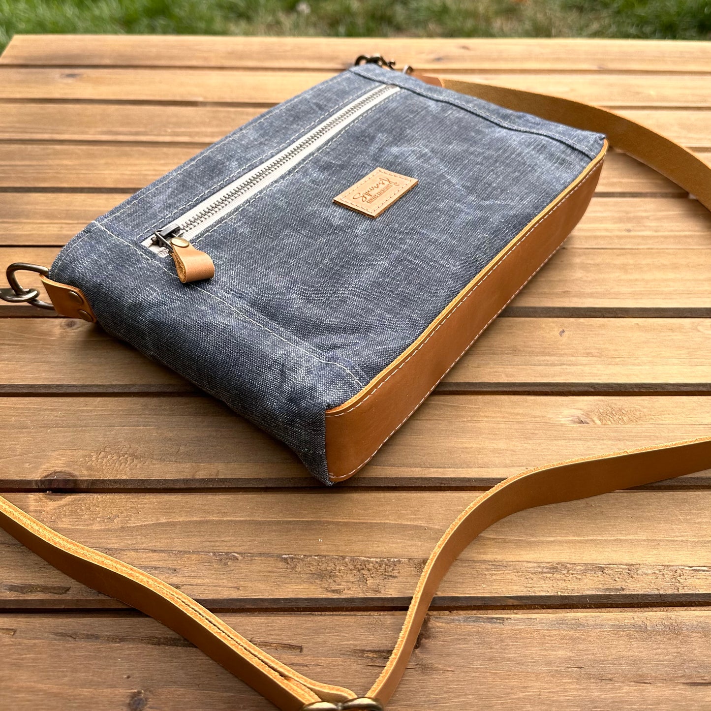 Parish Creek Crossbody Denim Waxed Canvas and Mesquite Brown Oil Tan Leather with Antique Brass Hardware SquiresCanvasCreations.com