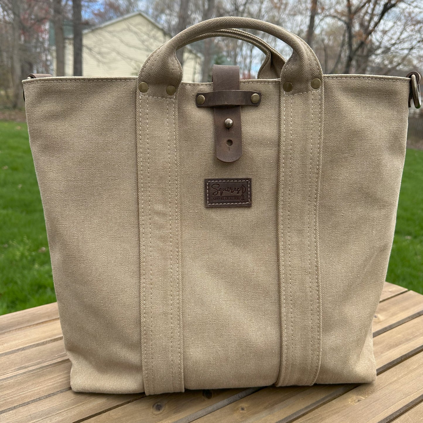 Saddle Stone Washed Canvas and Crazy Horse Tan leather with Antique Brass Hardware Waterman Tote squirescanvascreations.com