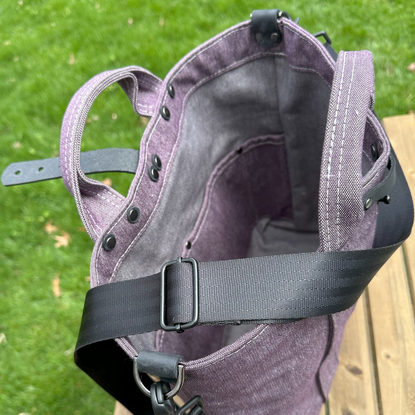 Army Duck Plum Canvas with Gunmetal Hardware and Black Heavy Duty Strap Waterman Tote squirescanvascreations.com