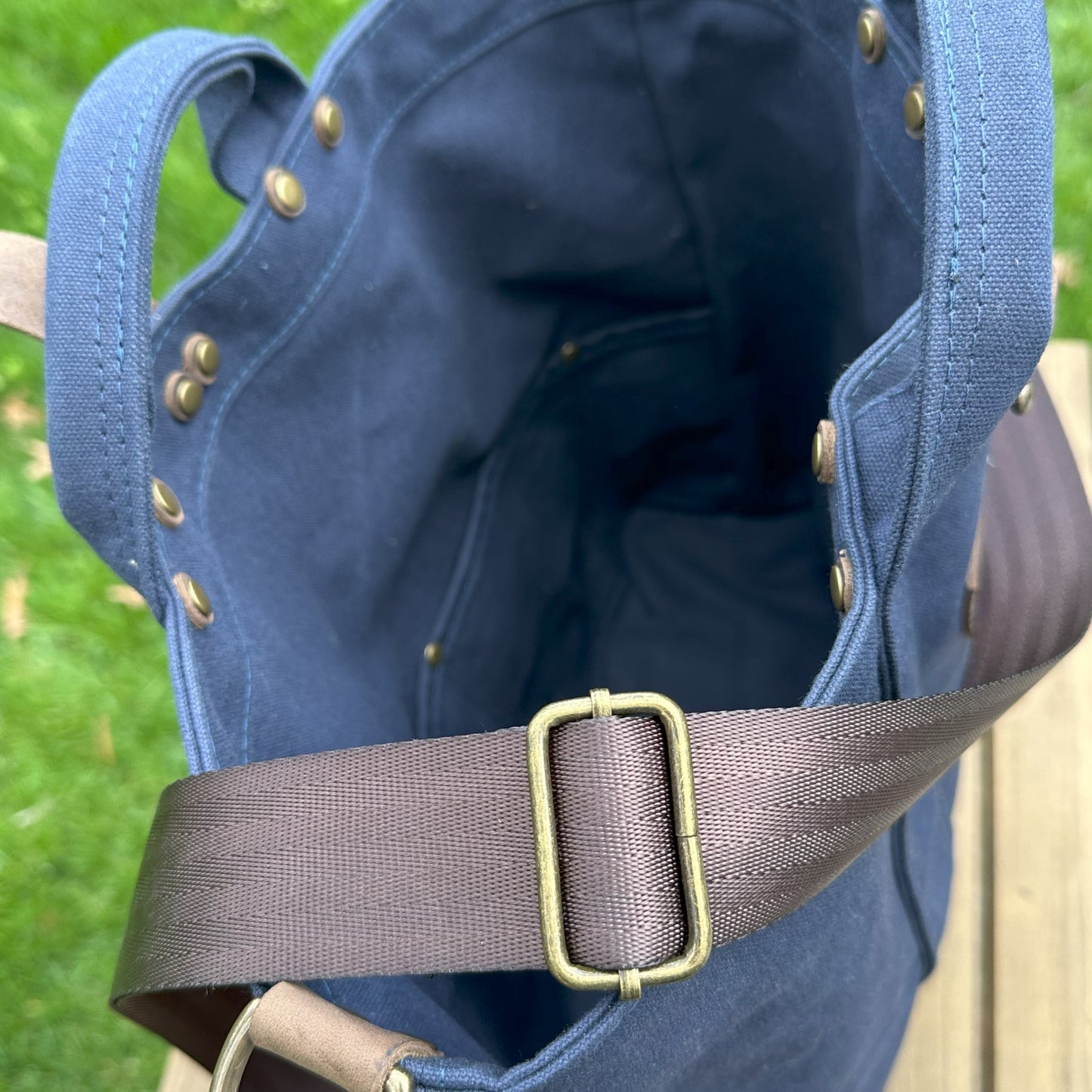Navy Blue Stone Heavy Duty Canvas with Crazy Horse Tan Leather and Antique Brass Hardware Waterman Tote squirescanvascreations.com
