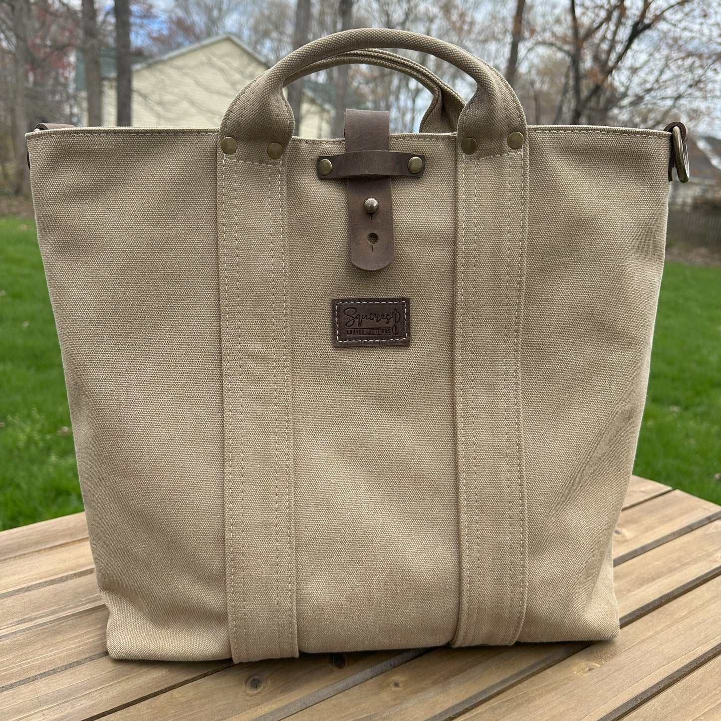 Saddle Stone Washed Canvas and Crazy Horse Tan leather with Antique Brass Hardware Waterman Tote squirescanvascreations.com