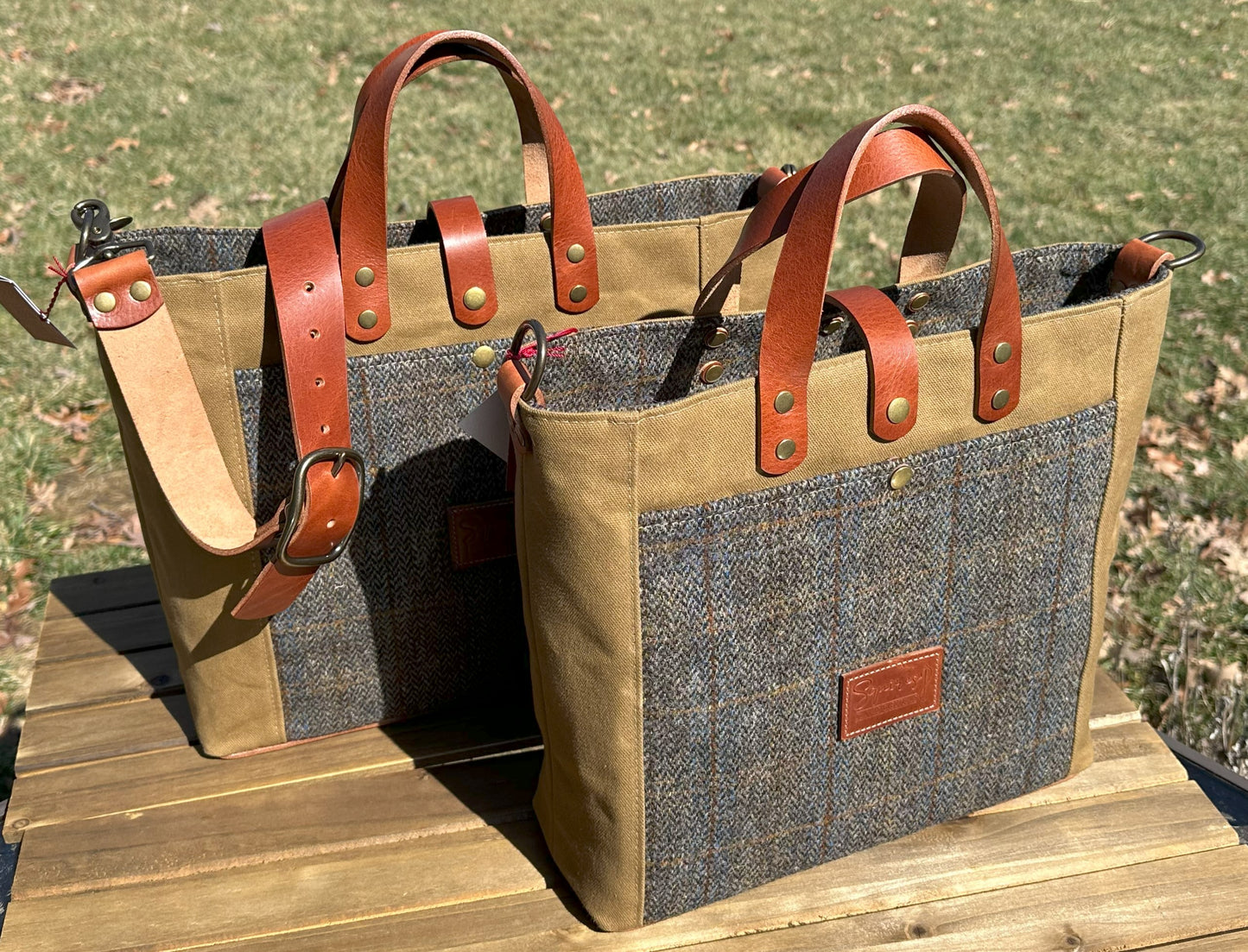 Harris Tweed® Green & Blue Herringbone with Tan Halley Stevensons 18oz Hybrid Waxed Canvas SquiresCanvasCreations.com