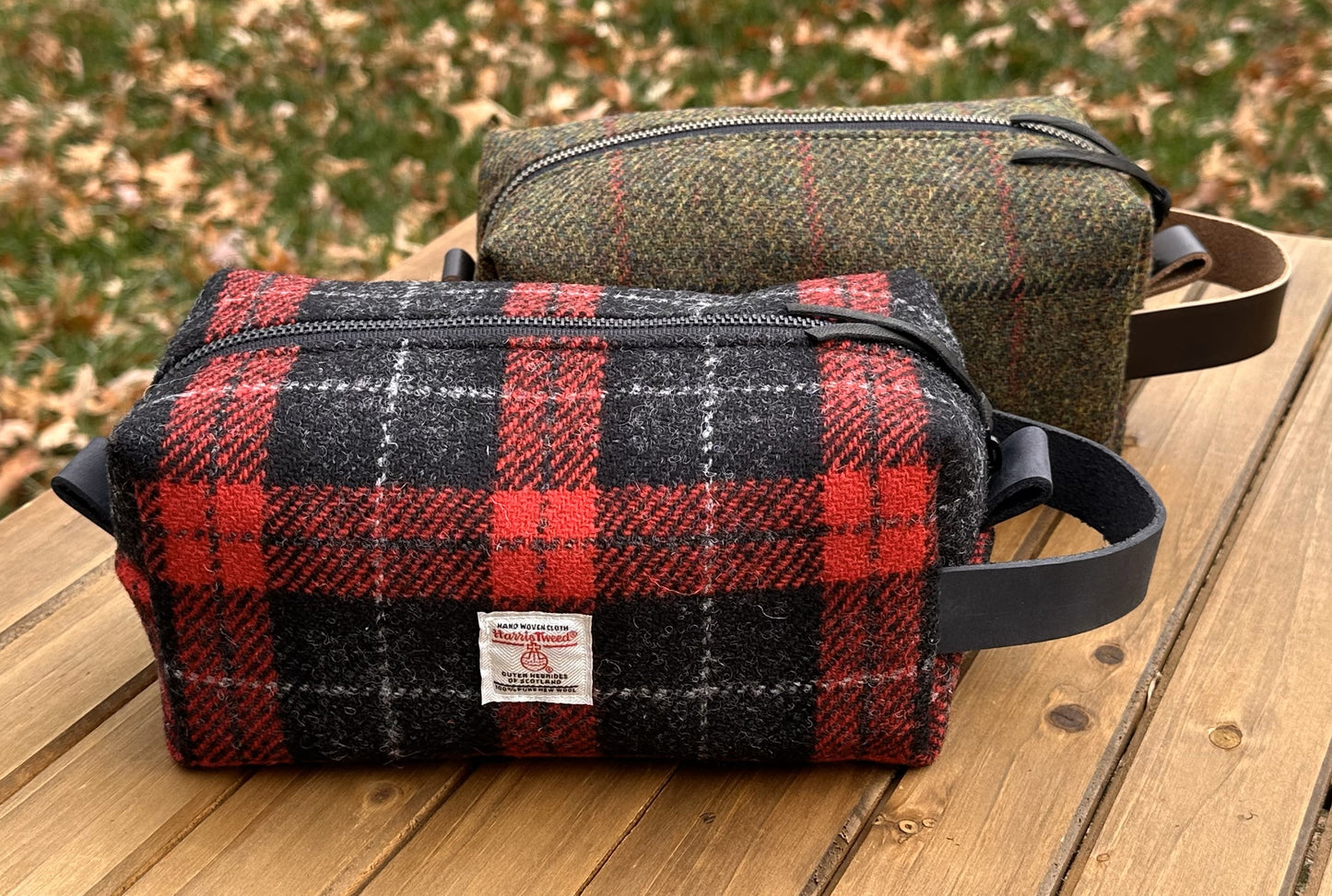 Harris Tweed® Chesapeake Dopp Kit with Leather Handle and Antique Brass Hardware SquiresCanvasCreations.com