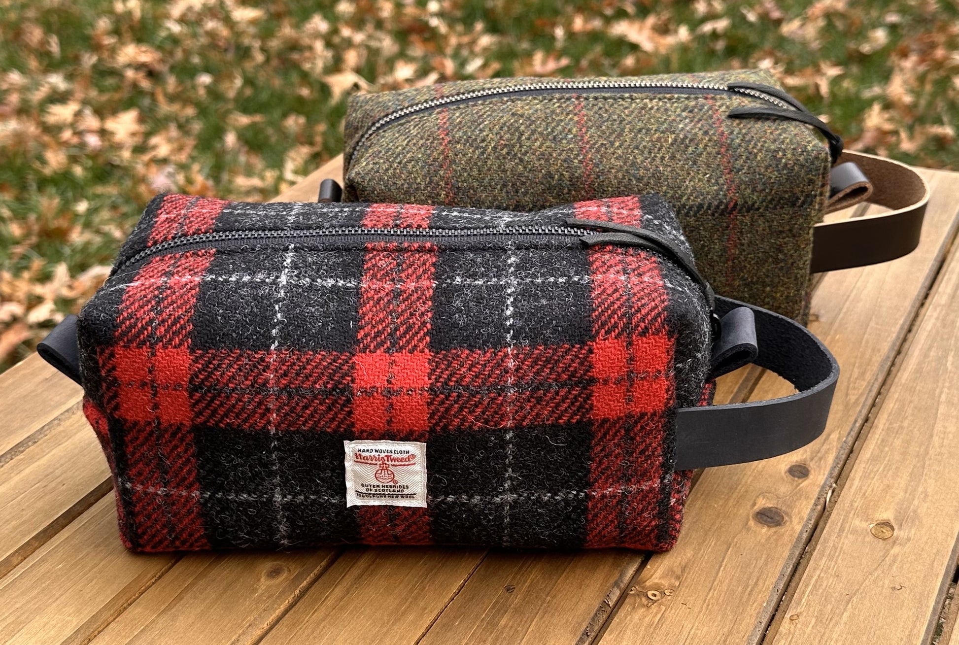 Harris Tweed® Chesapeake Dopp Kit with Leather Handle and Antique Brass Hardware SquiresCanvasCreations.com