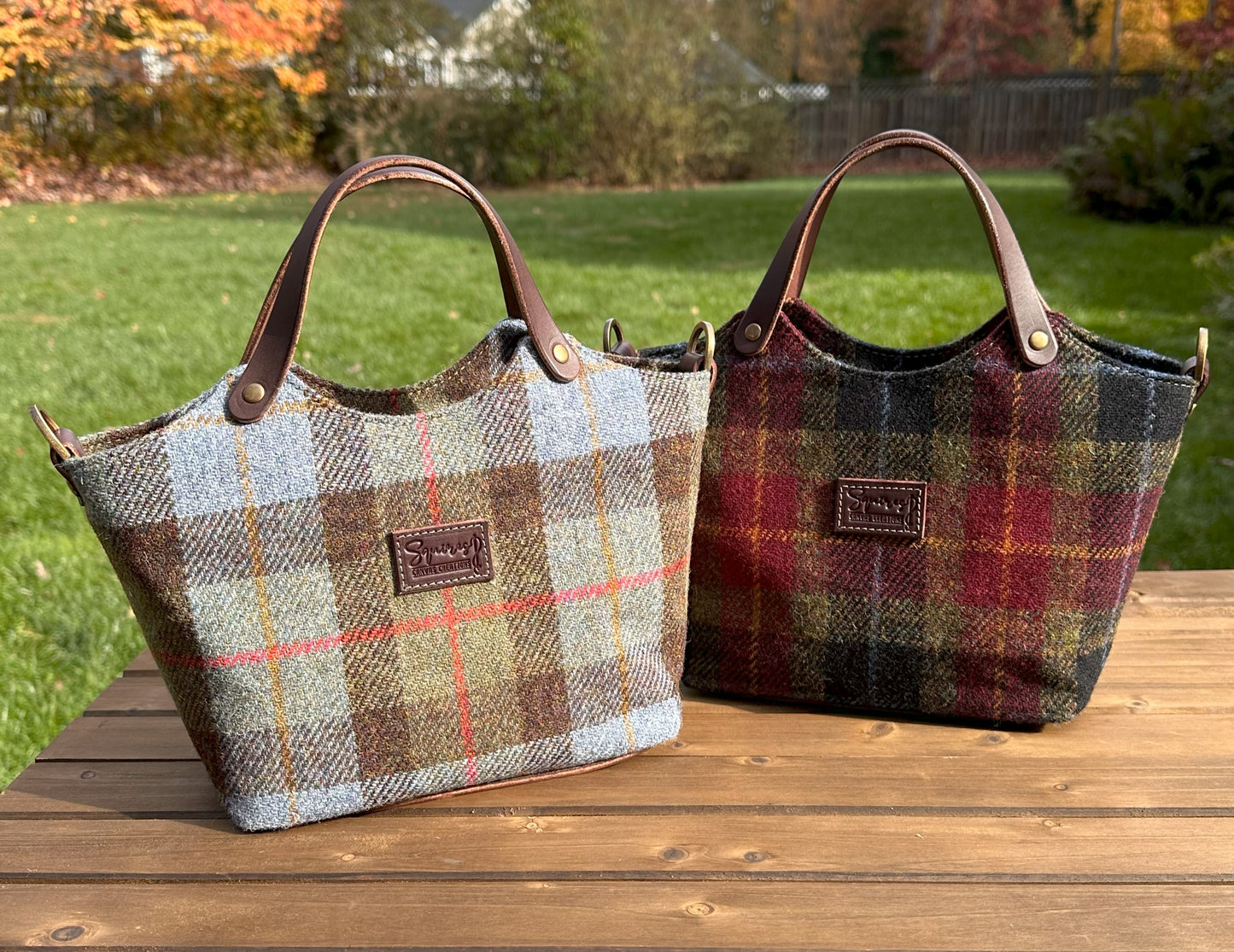 Black Red Green Plaid and Macleod Tartan Harris Tweed® with Dark Brown Veg Tan Leather and Antique Brass Hardware Mazie Handbag squirescanvascreatons.com