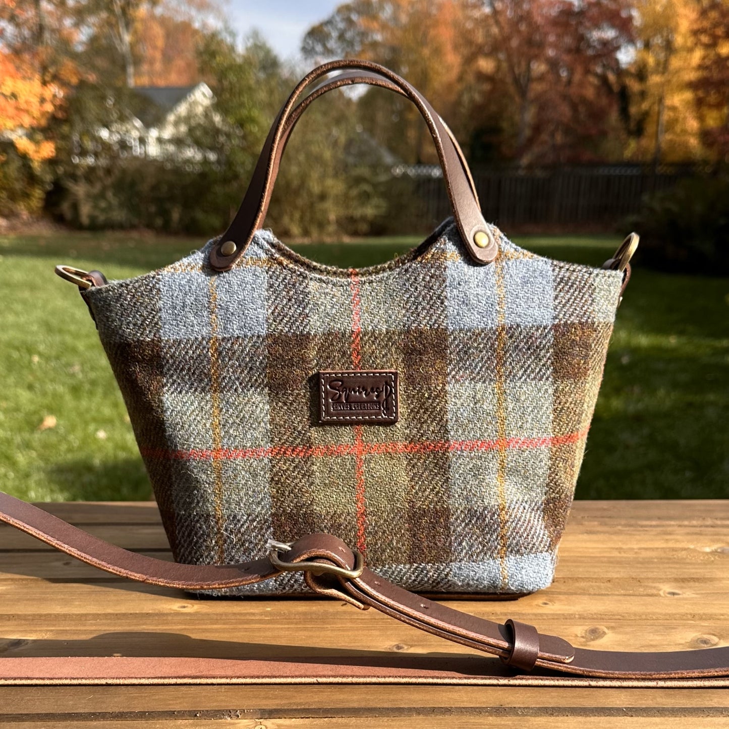 Macleod Tartan Harris Tweed® with Dark Brown Veg Tan Leather and Antique Brass Hardware Mazie Handbag squirescanvascreatons.com