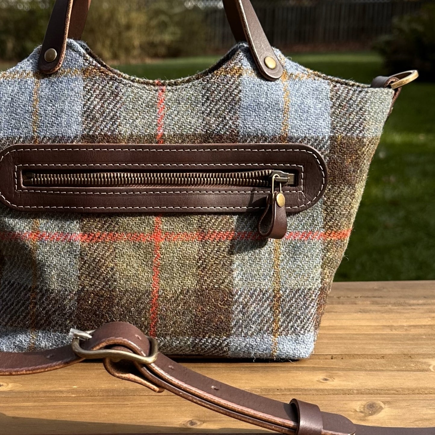 Macleod Tartan Harris Tweed® with Dark Brown Veg Tan Leather and Antique Brass Hardware Mazie Handbag squirescanvascreatons.com