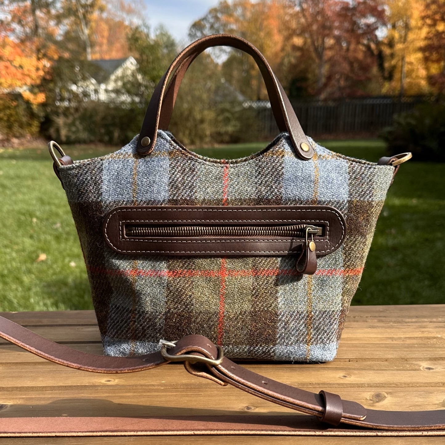 Macleod Tartan Harris Tweed® with Dark Brown Veg Tan Leather and Antique Brass Hardware Mazie Handbag squirescanvascreatons.com