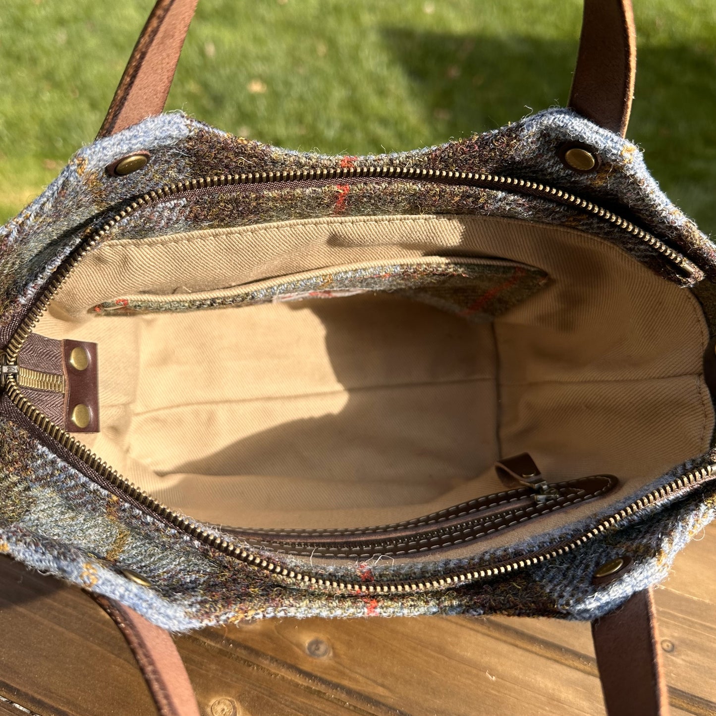 Macleod Tartan Harris Tweed® with Dark Brown Veg Tan Leather and Antique Brass Hardware Mazie Handbag squirescanvascreatons.com