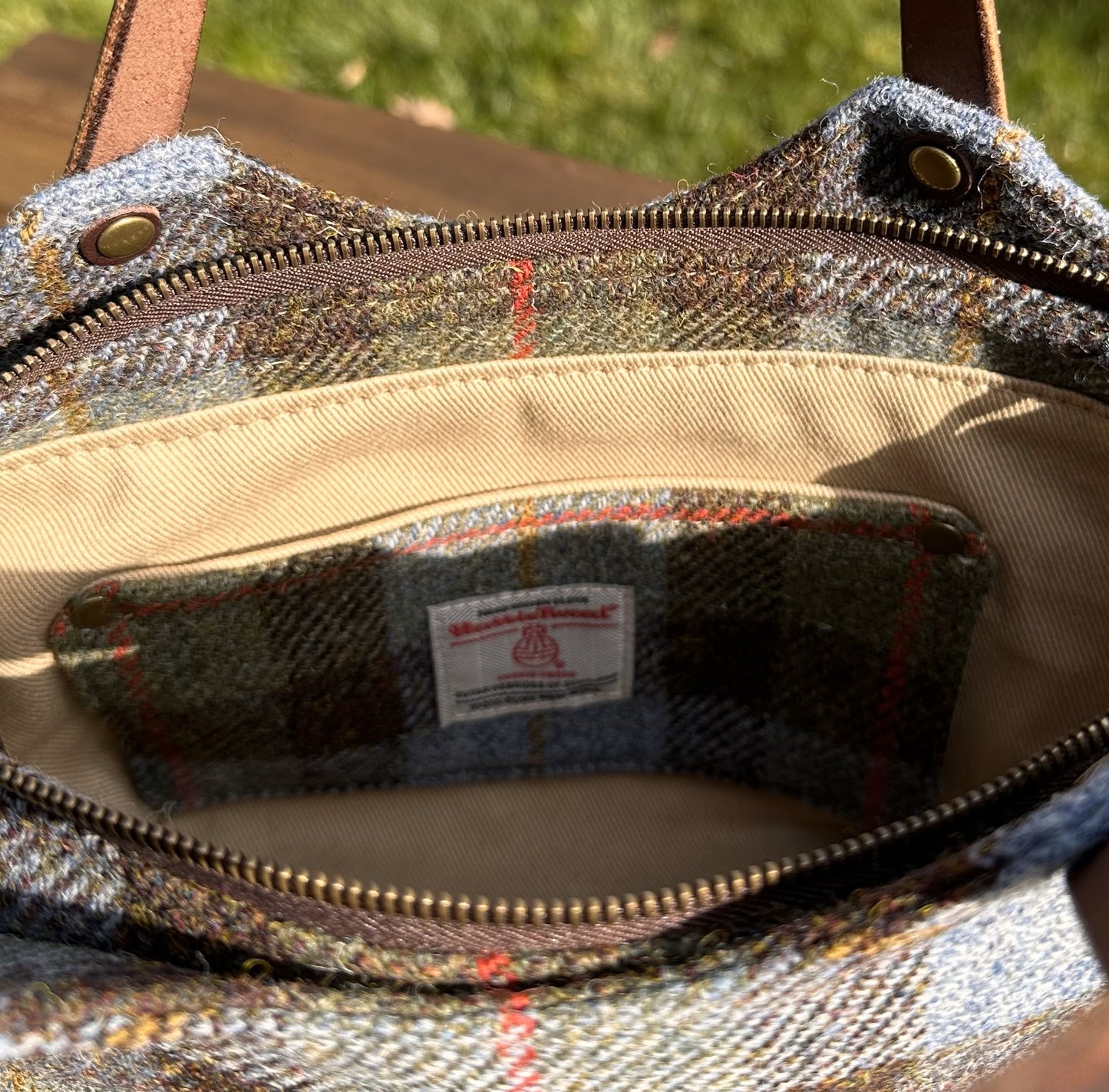Macleod Tartan Harris Tweed® with Dark Brown Veg Tan Leather and Antique Brass Hardware Mazie Handbag squirescanvascreatons.com