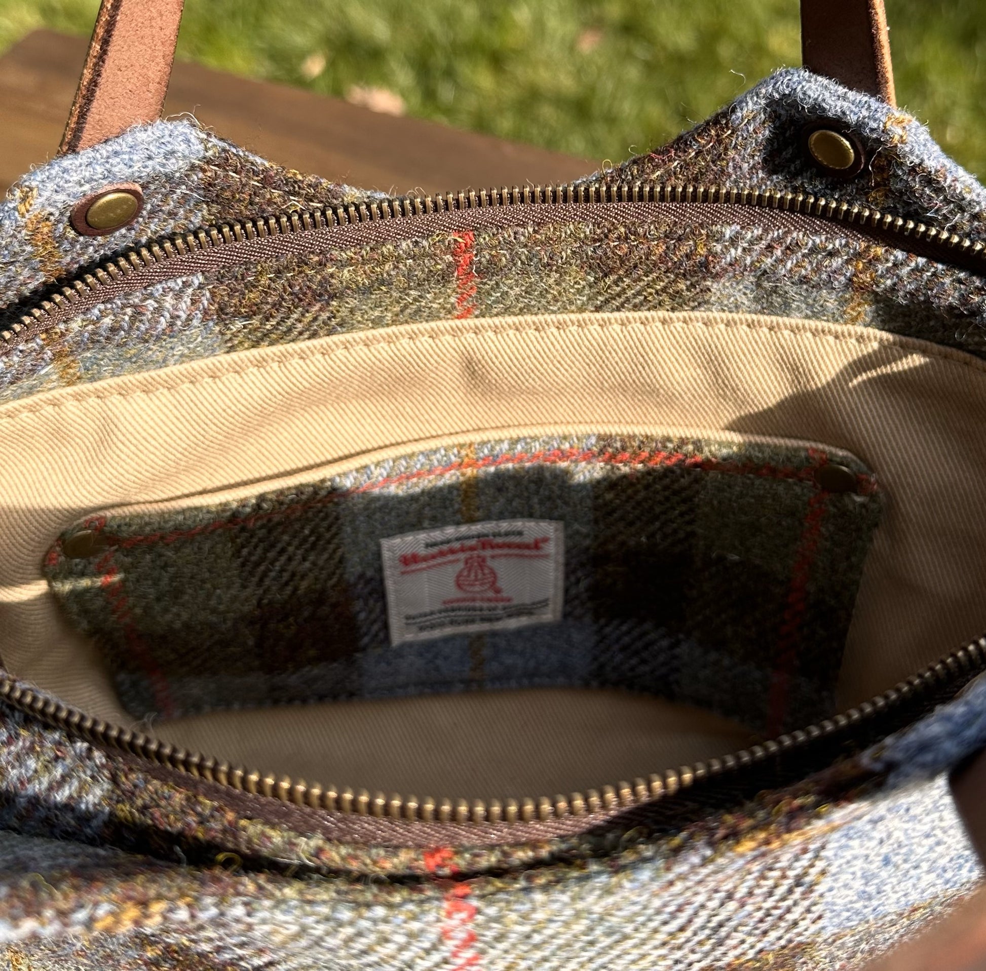 Macleod Tartan Harris Tweed® with Dark Brown Veg Tan Leather and Antique Brass Hardware Mazie Handbag squirescanvascreatons.com