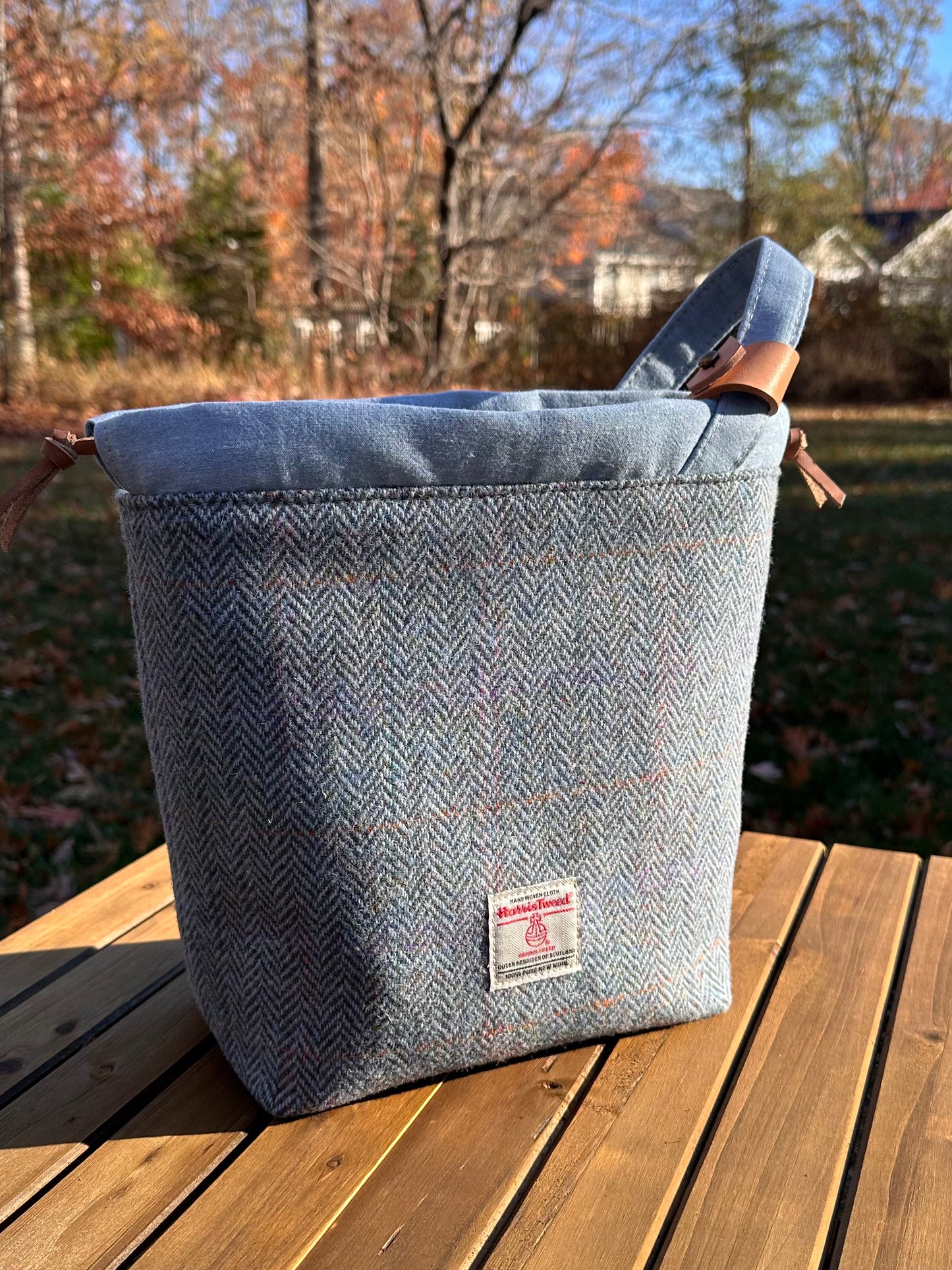 Light Blue Herringbone with Pink and Purple Overcheck Highland Maker Bag SquiresCanvasCreations.com