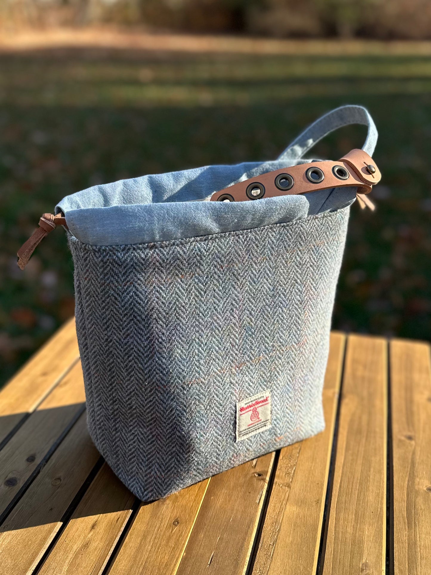 Light Blue Herringbone with Pink and Purple Overcheck Highland Maker Bag SquiresCanvasCreations.com