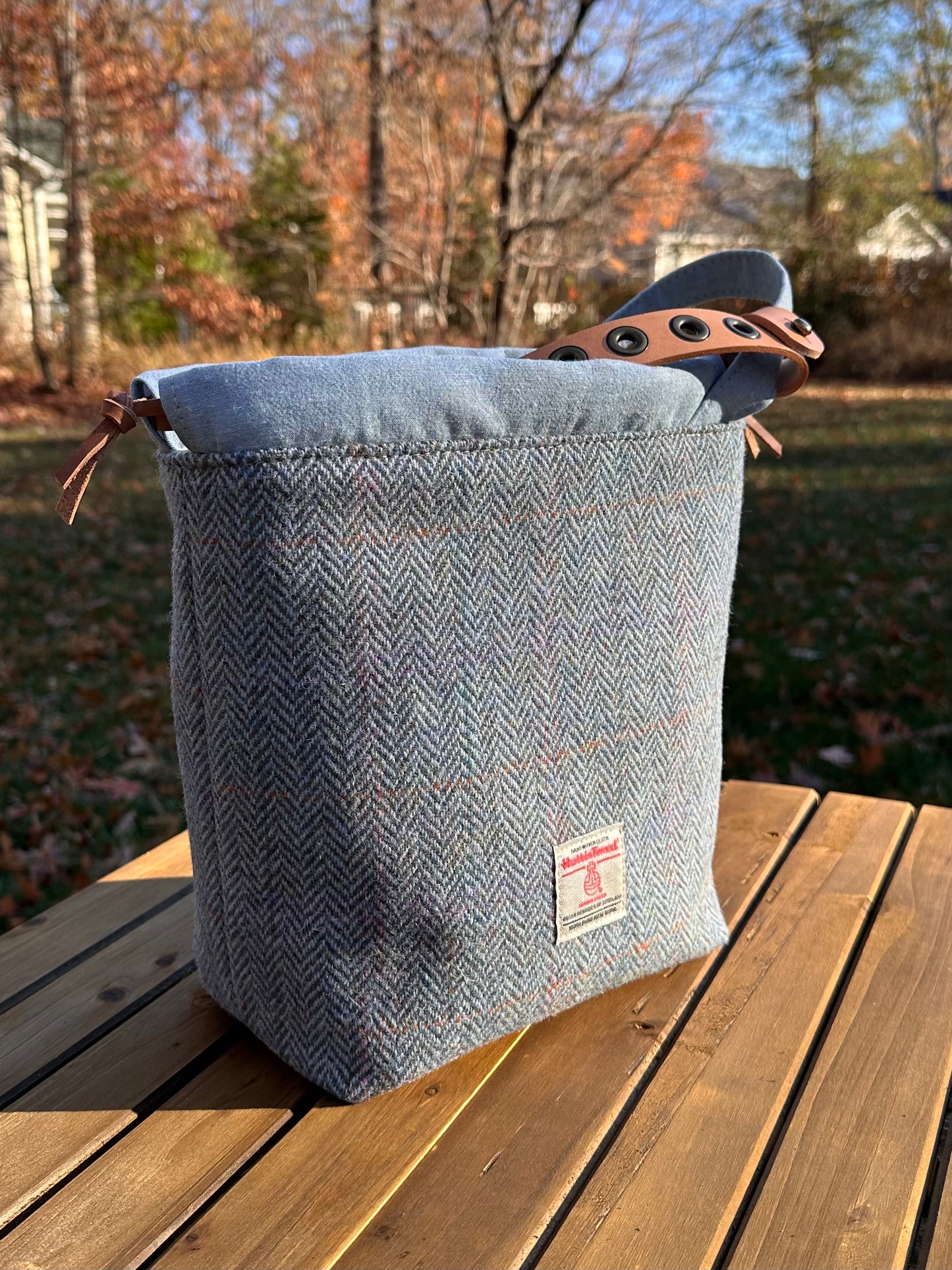 Light Blue Herringbone with Pink and Purple Overcheck Highland Maker Bag SquiresCanvasCreations.com