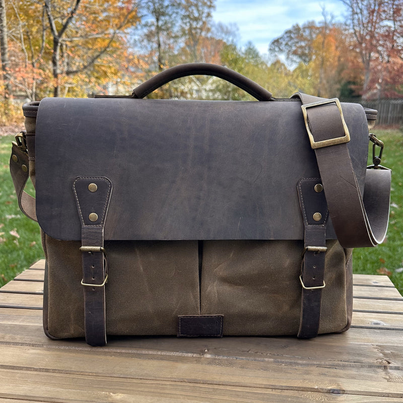 Halley Stevensons Tan Waxed Canvas and Crazy Horse Rattle Brown Leather with Antique Brass Hardware Yeoman Messenger Bag squirescanvascreations.com