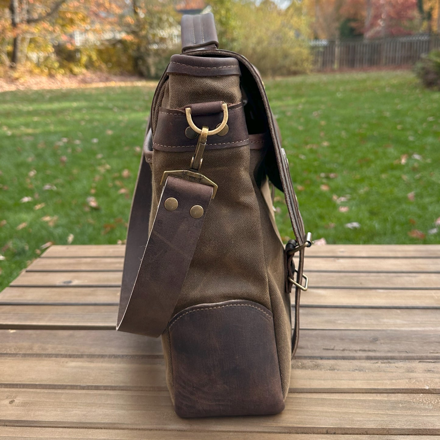 Halley Stevensons Tan Waxed Canvas and Crazy Horse Rattle Brown Leather with Antique Brass Hardware Yeoman Messenger Bag squirescanvascreations.com