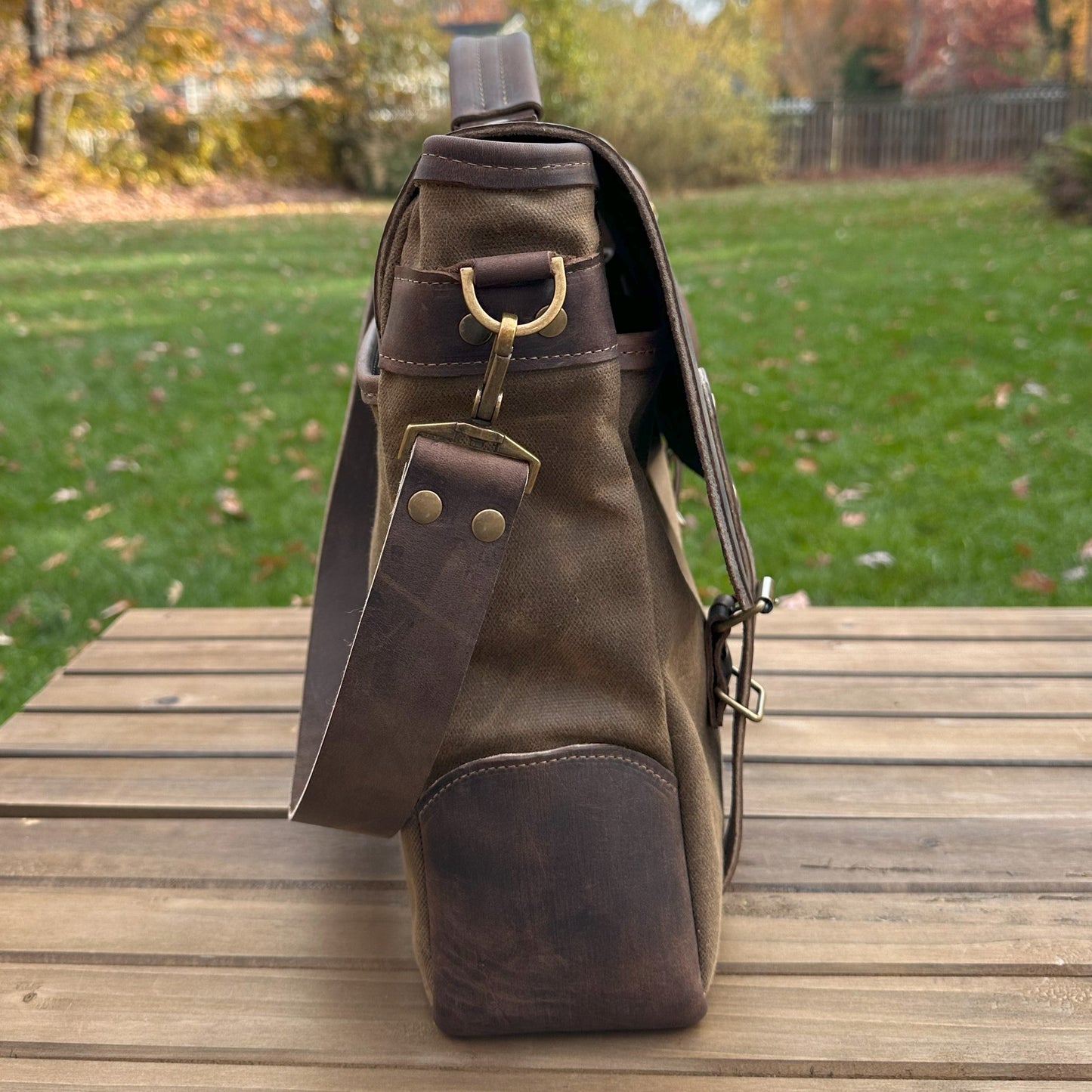 Halley Stevensons Tan Waxed Canvas and Crazy Horse Rattle Brown Leather with Antique Brass Hardware Yeoman Messenger Bag squirescanvascreations.com