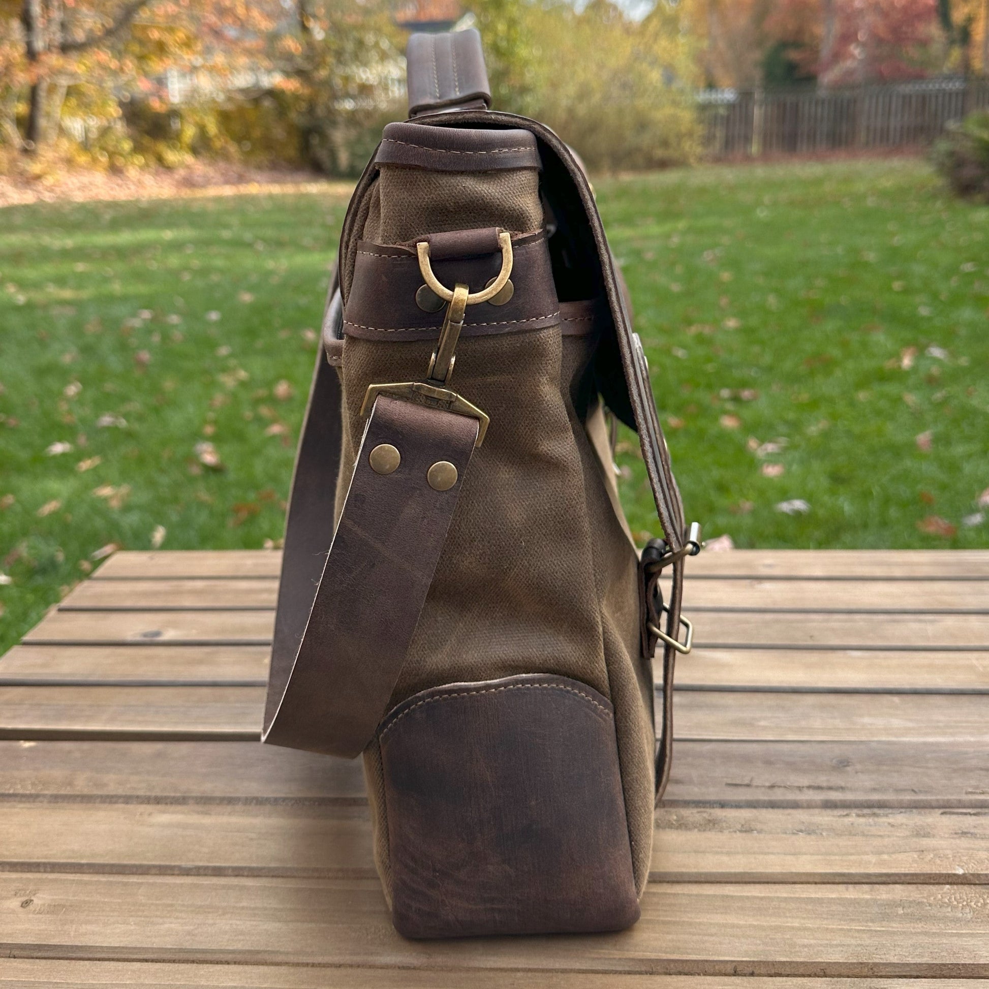 Halley Stevensons Tan Waxed Canvas and Crazy Horse Rattle Brown Leather with Antique Brass Hardware Yeoman Messenger Bag squirescanvascreations.com