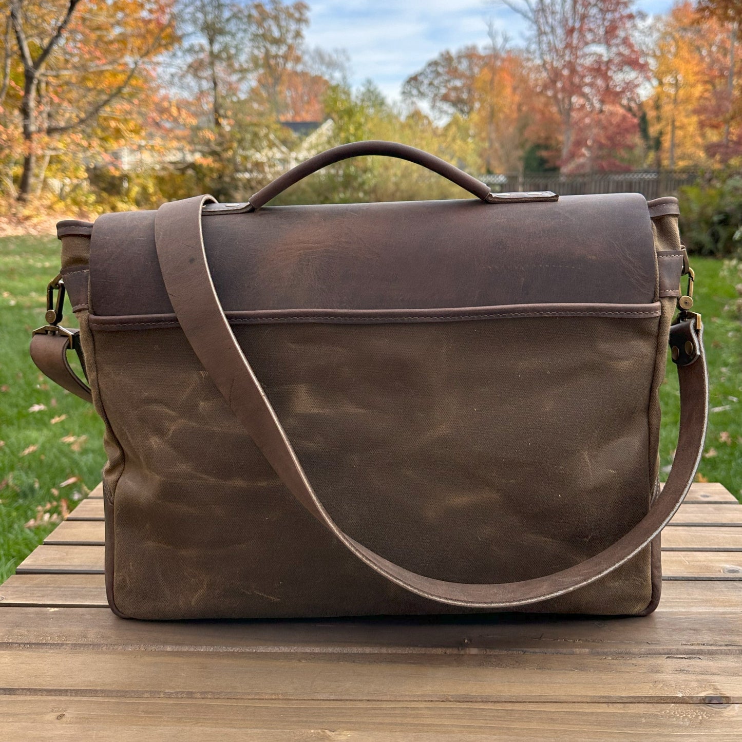 Halley Stevensons Tan Waxed Canvas and Crazy Horse Rattle Brown Leather with Antique Brass Hardware Yeoman Messenger Bag squirescanvascreations.com