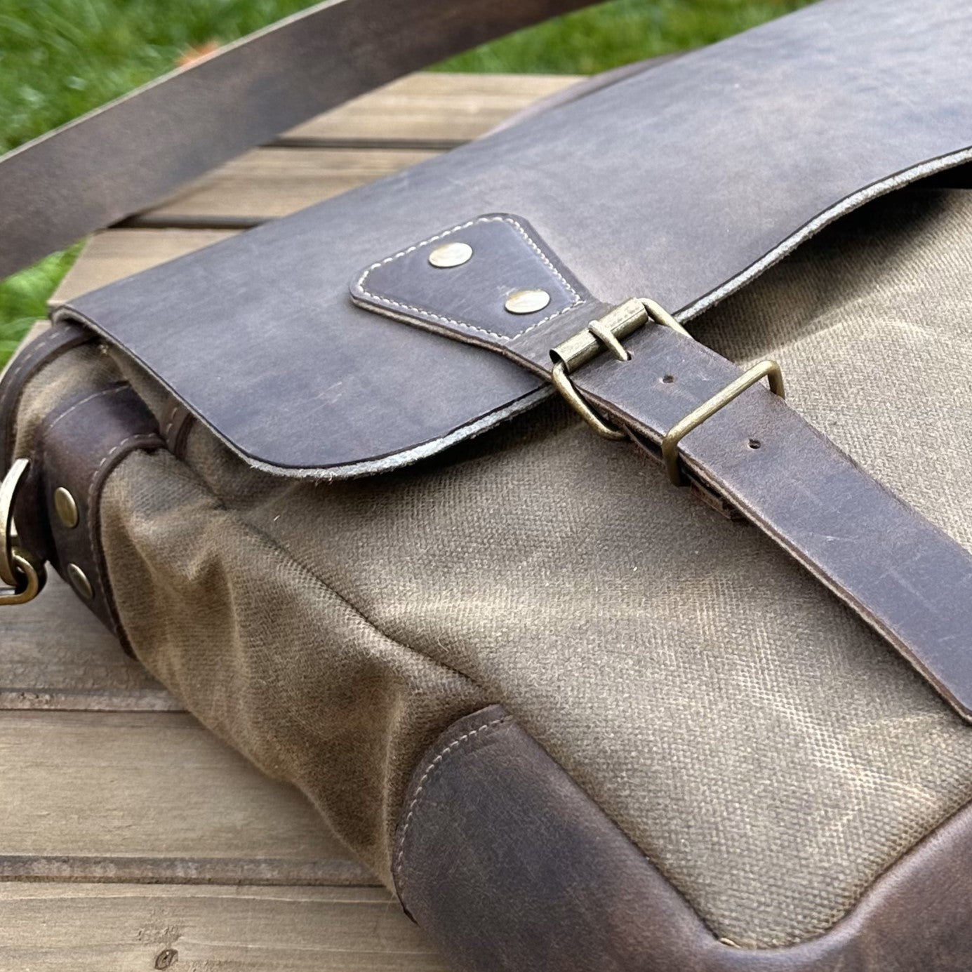 Halley Stevensons Tan Waxed Canvas and Crazy Horse Rattle Brown Leather with Antique Brass Hardware Yeoman Messenger Bag squirescanvascreations.com