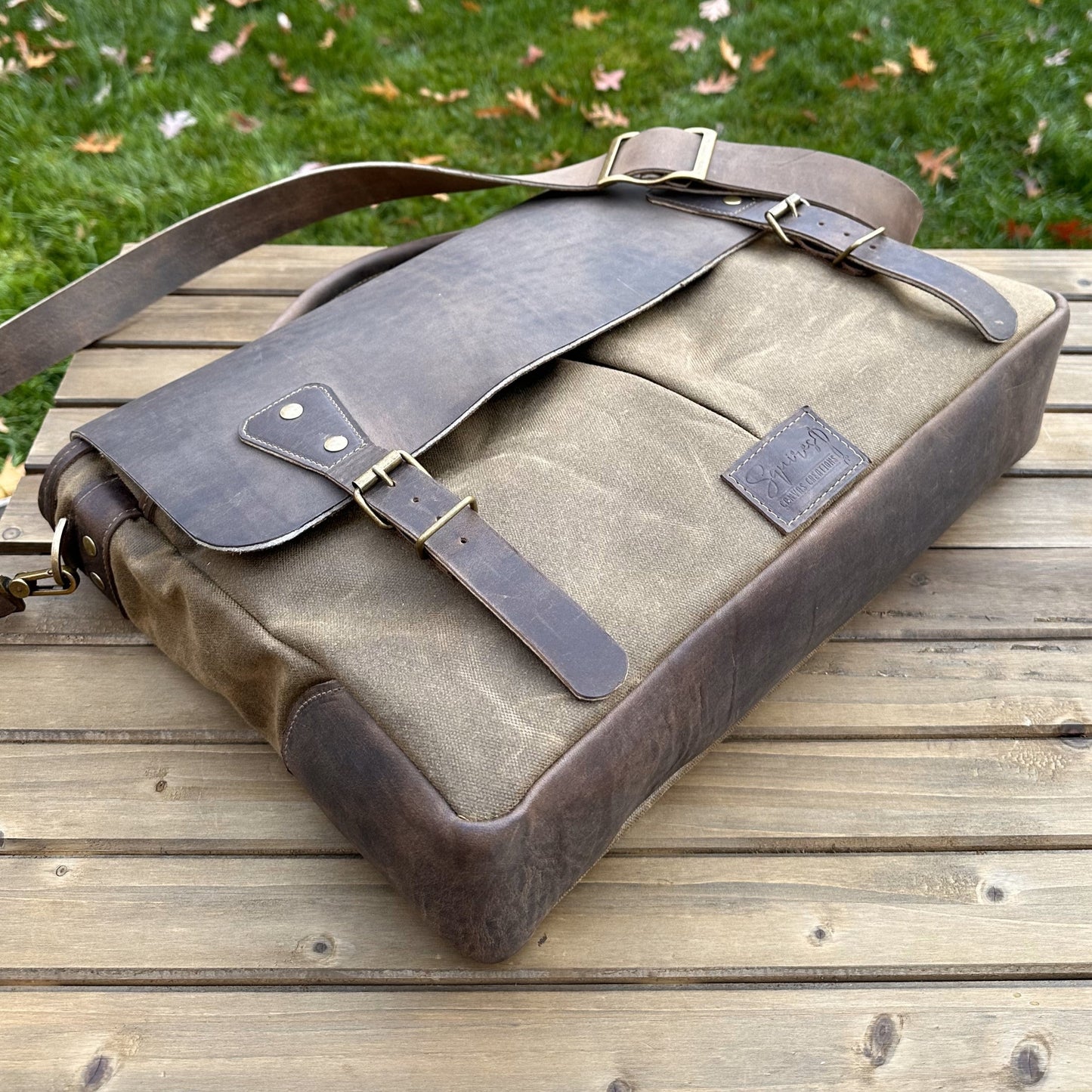 Halley Stevensons Tan Waxed Canvas and Crazy Horse Rattle Brown Leather with Antique Brass Hardware Yeoman Messenger Bag squirescanvascreations.com