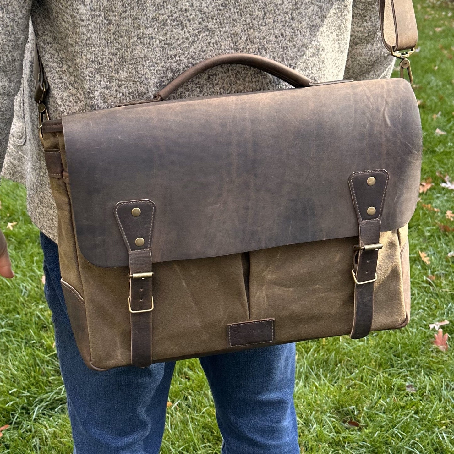 Halley Stevensons Tan Waxed Canvas and Crazy Horse Rattle Brown Leather with Antique Brass Hardware Yeoman Messenger Bag squirescanvascreations.com