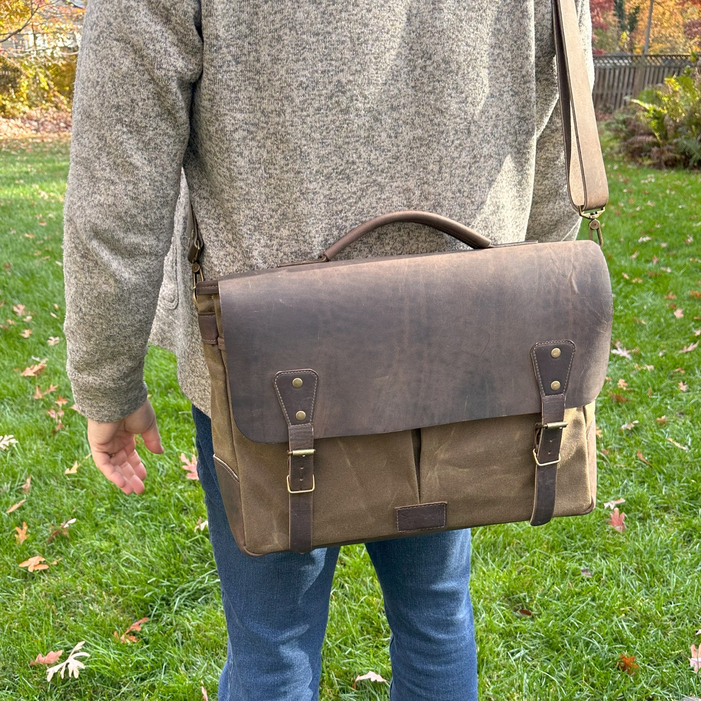 Halley Stevensons Tan Waxed Canvas and Crazy Horse Rattle Brown Leather with Antique Brass Hardware Yeoman Messenger Bag squirescanvascreations.com