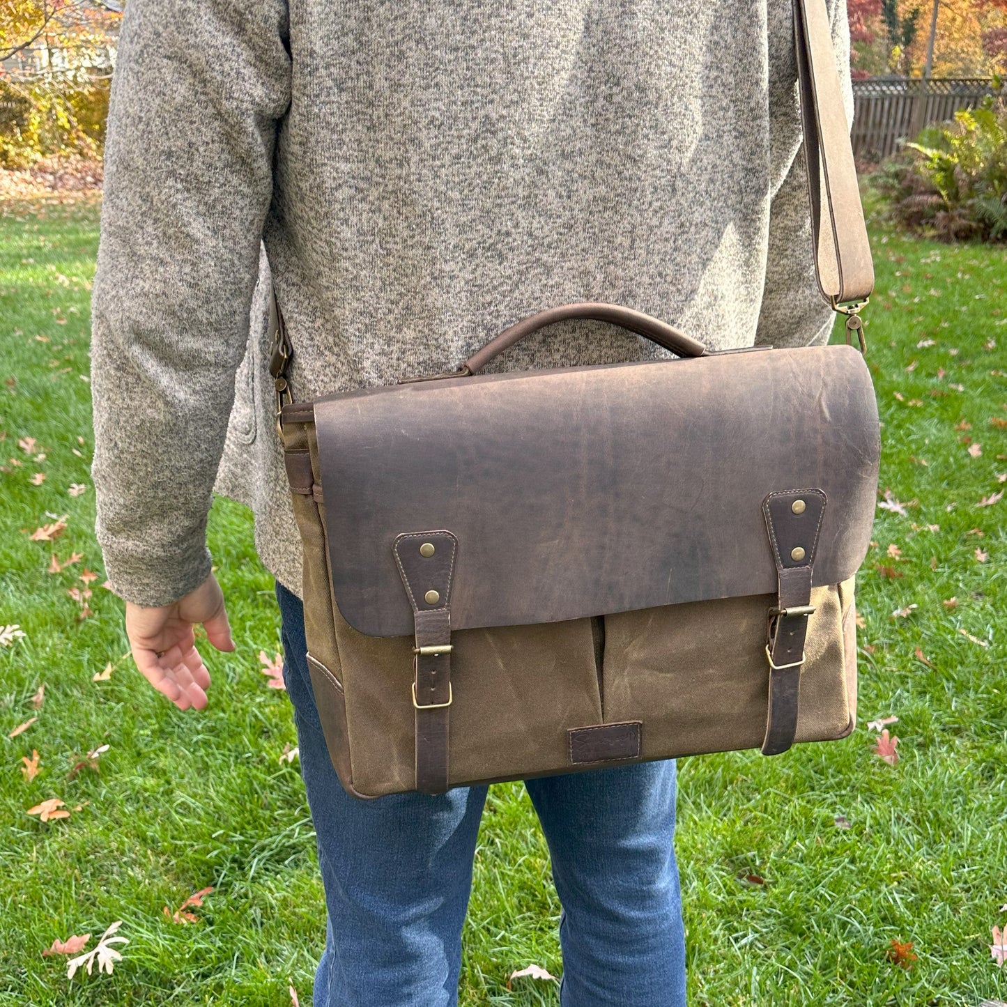 Halley Stevensons Tan Waxed Canvas and Crazy Horse Rattle Brown Leather with Antique Brass Hardware Yeoman Messenger Bag squirescanvascreations.com