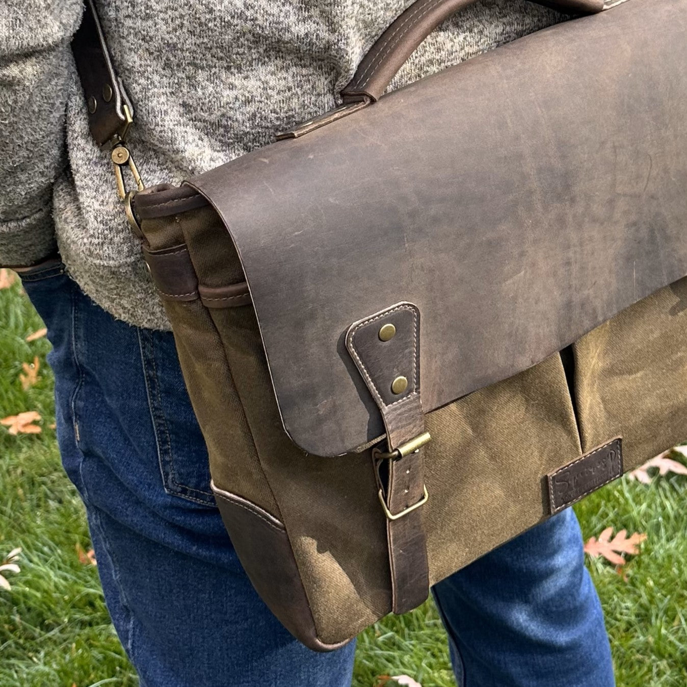 Halley Stevensons Tan Waxed Canvas and Crazy Horse Rattle Brown Leather with Antique Brass Hardware Yeoman Messenger Bag squirescanvascreations.com