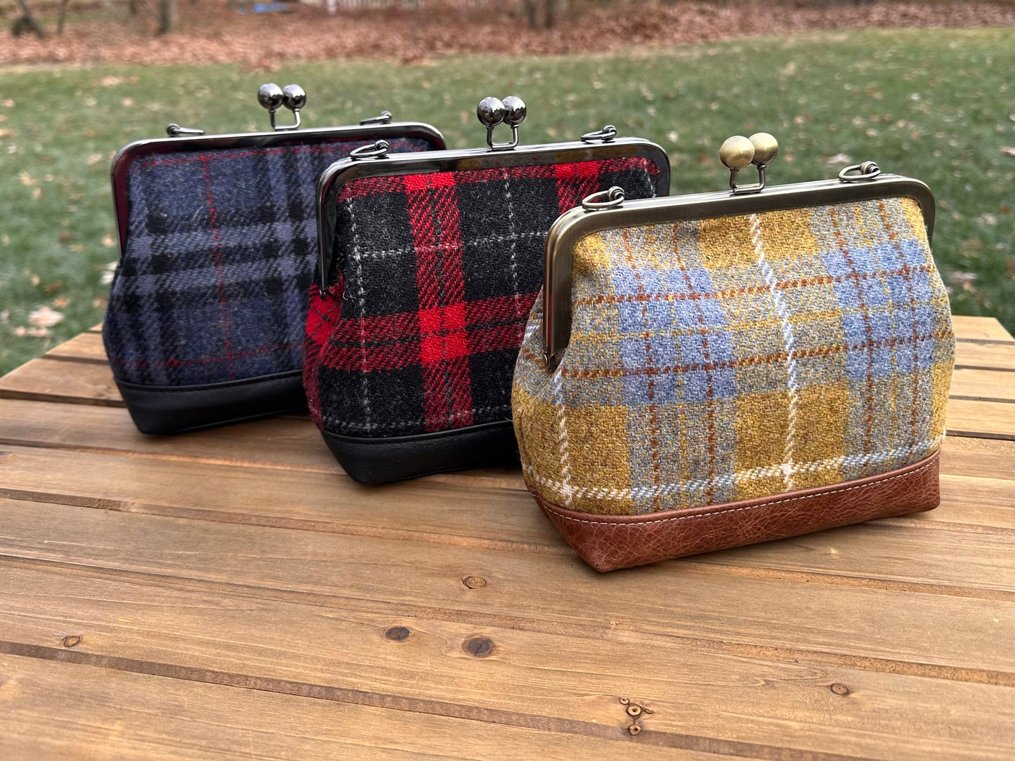 Harris Tweed® with Leather Princess Anne Kiss Lock SquiresCanvasCreations.com