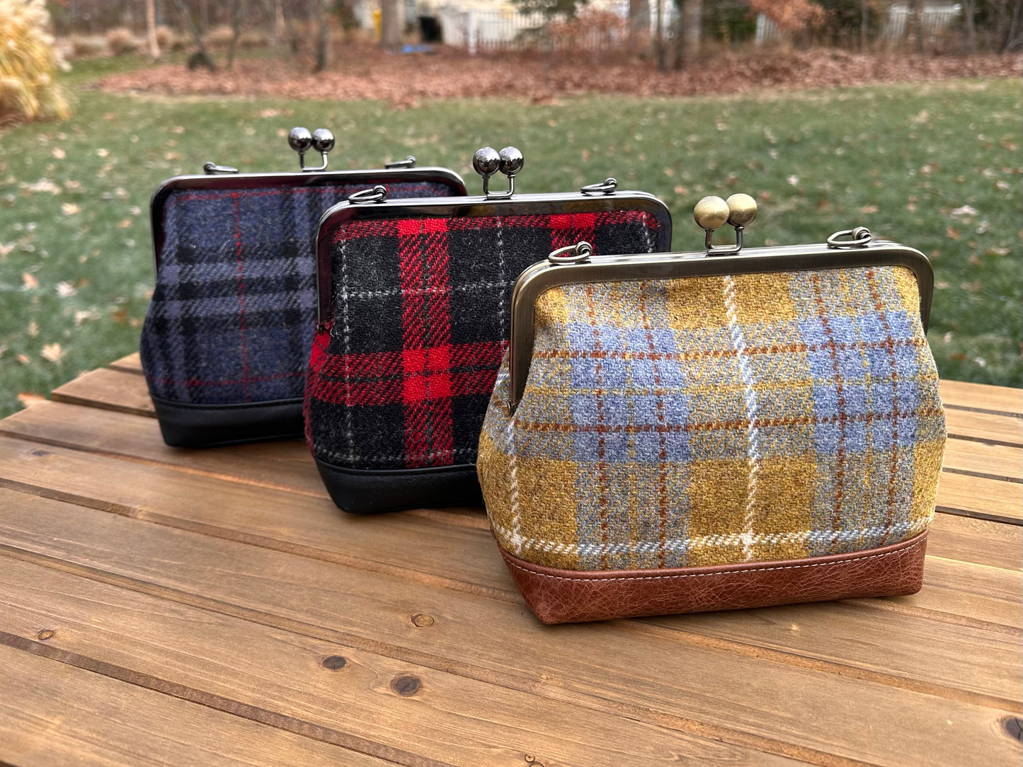 Harris Tweed® with Leather Princess Anne Kiss Lock SquiresCanvasCreations.com