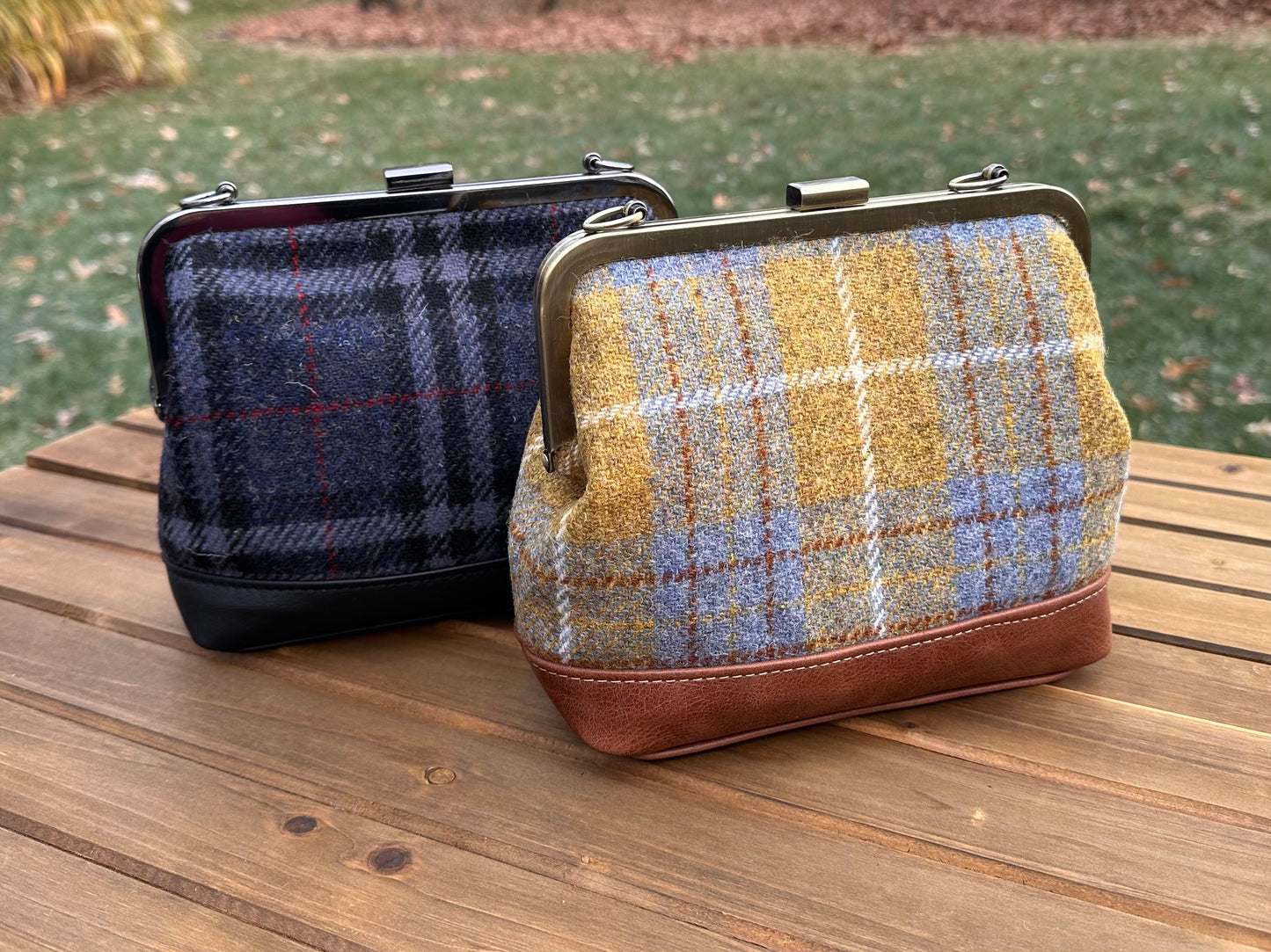 Harris Tweed® with Leather Princess Anne Kiss Lock SquiresCanvasCreations.com