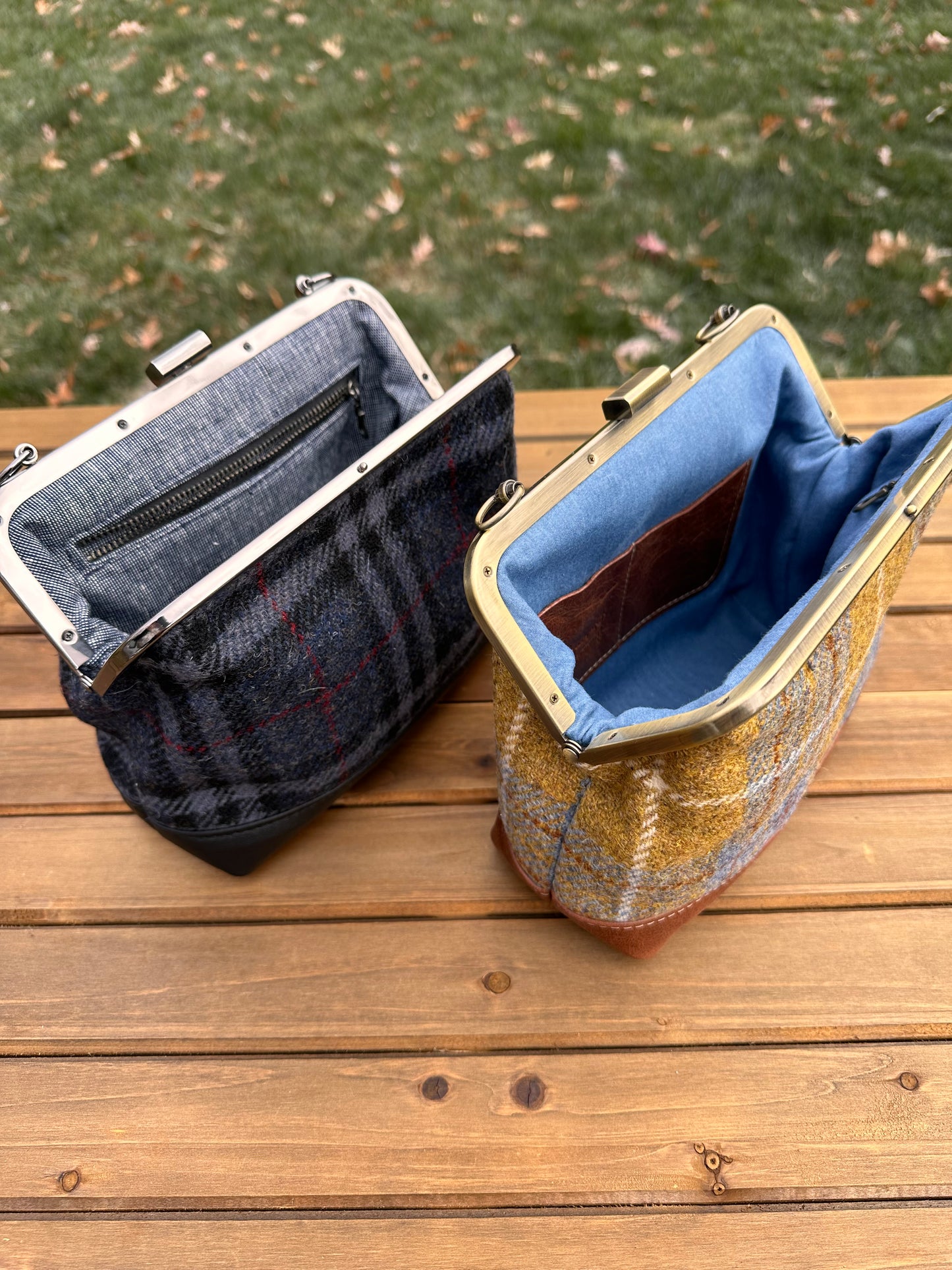 Harris Tweed® with Leather Princess Anne Kiss Lock SquiresCanvasCreations.com